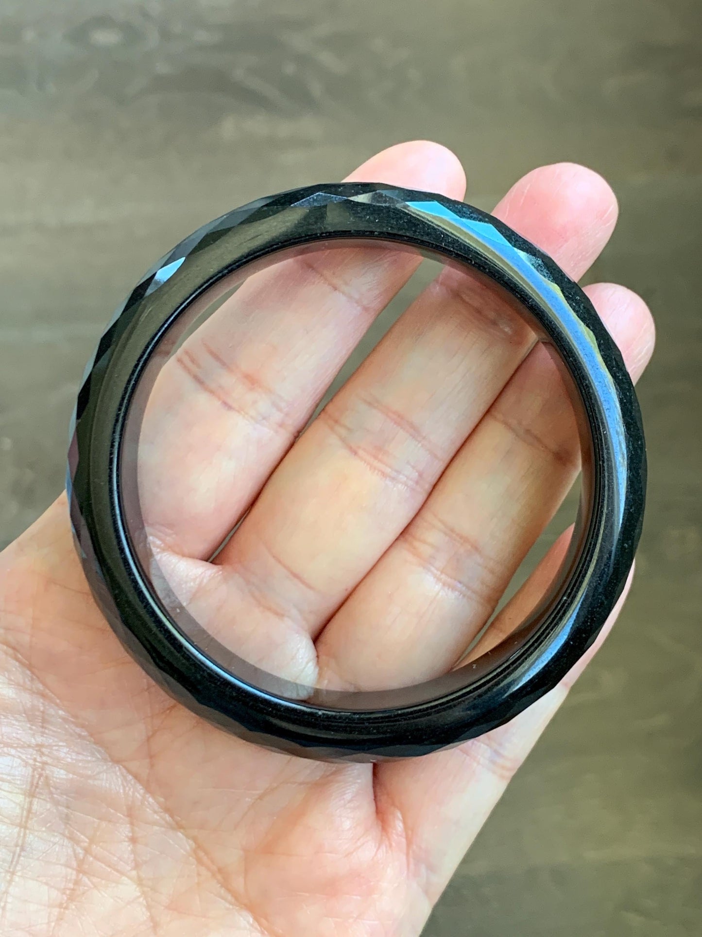 Certified Natural Grade A Opaque Black Jade Jadeite Diamond Faceted Wide Bangle 56.6mm 6.98” 51g 天然墨翠宽版切割面手镯 946