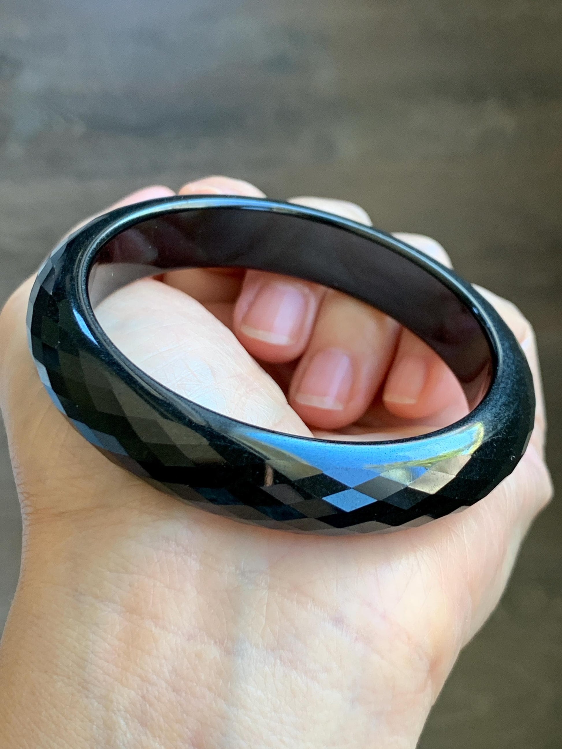 Certified Natural Grade A Opaque Black Jade Jadeite Diamond Faceted Wide Bangle 56.6mm 6.98” 51g 天然墨翠宽版切割面手镯 946