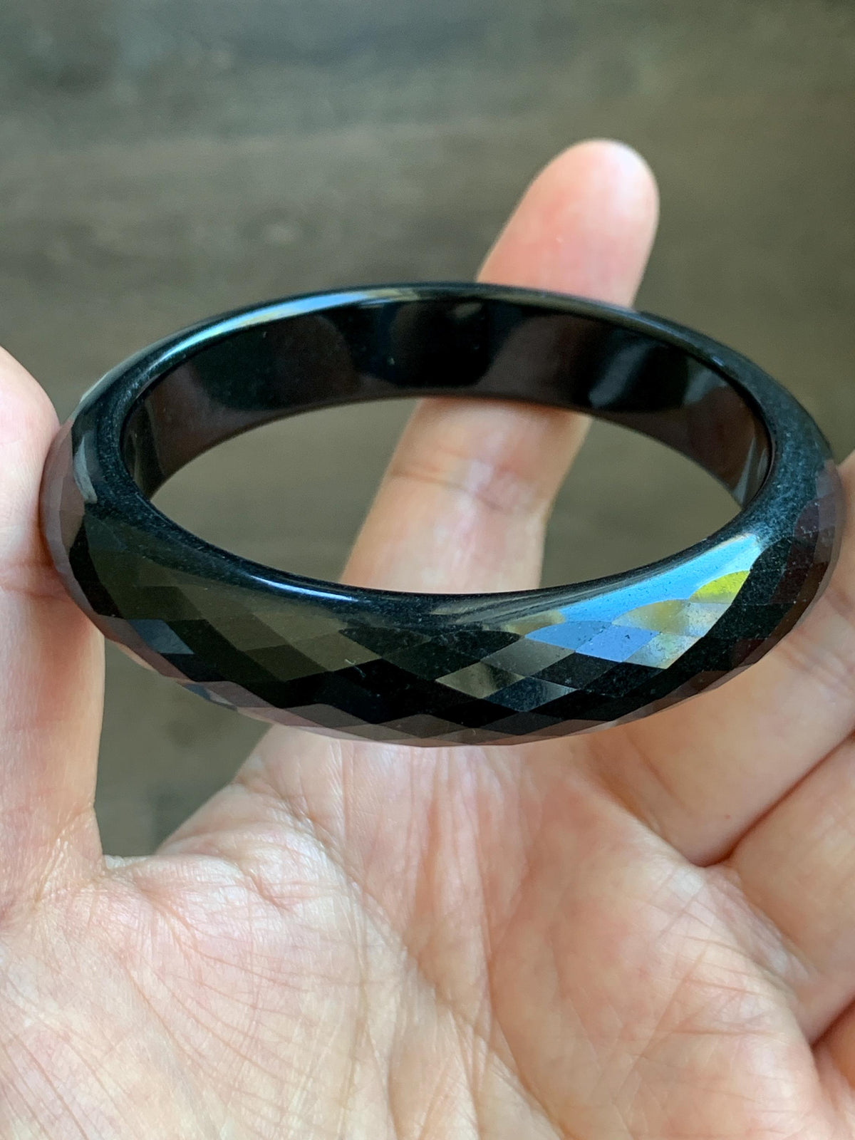 Certified Natural Grade A Opaque Black Jade Jadeite Diamond Faceted Wide Bangle 56.6mm 6.98” 51g 天然墨翠宽版切割面手镯 946