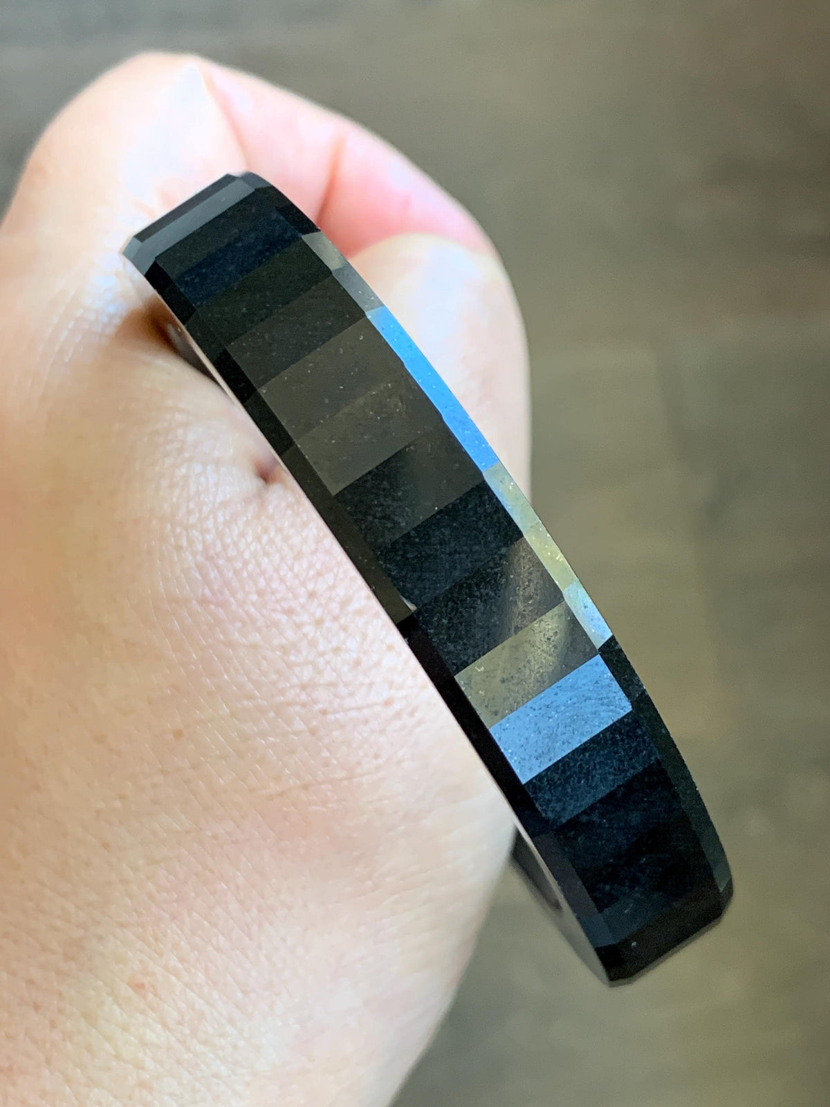 Certified Natural Grade A Opaque Black Jade Jadeite Faceted Wide Square-edged Bangle 58.73mm 7.26” 61.27g 天然墨翠宽版切割面手镯 945
