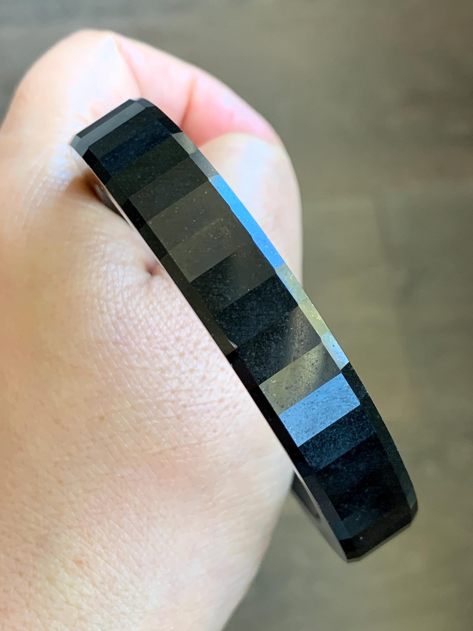 Certified Natural Grade A Opaque Black Jade Jadeite Faceted Wide Square-edged Bangle 58.73mm 7.26” 61.27g 天然墨翠宽版切割面手镯 945