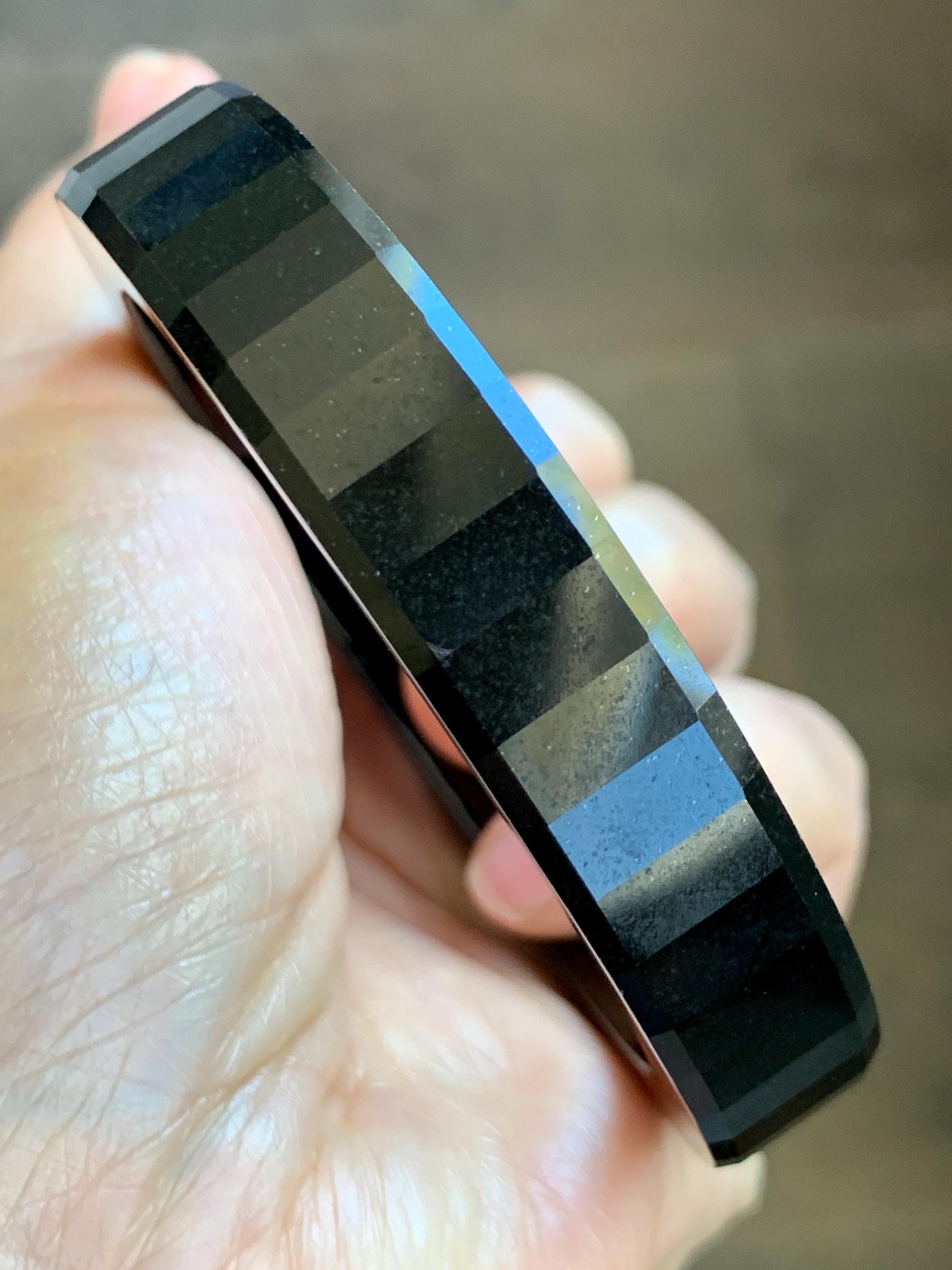 Certified Natural Grade A Opaque Black Jade Jadeite Faceted Wide Square-edged Bangle 58.73mm 7.26” 61.27g 天然墨翠宽版切割面手镯 945