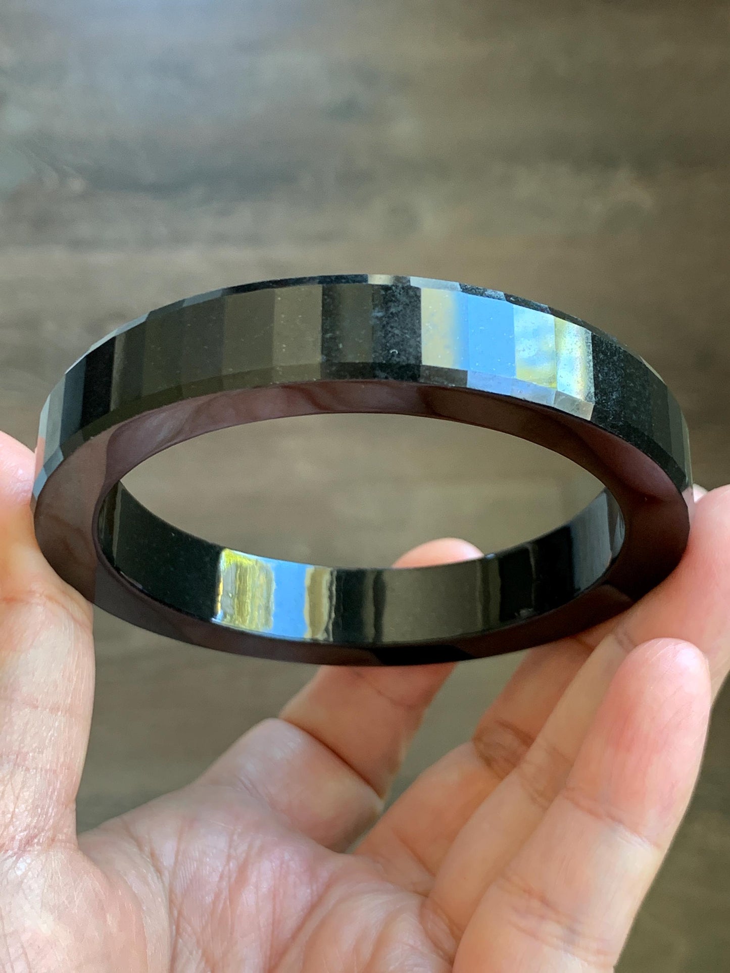 Certified Natural Grade A Opaque Black Jade Jadeite Faceted Wide Square-edged Bangle 58.73mm 7.26” 61.27g 天然墨翠宽版切割面手镯 945