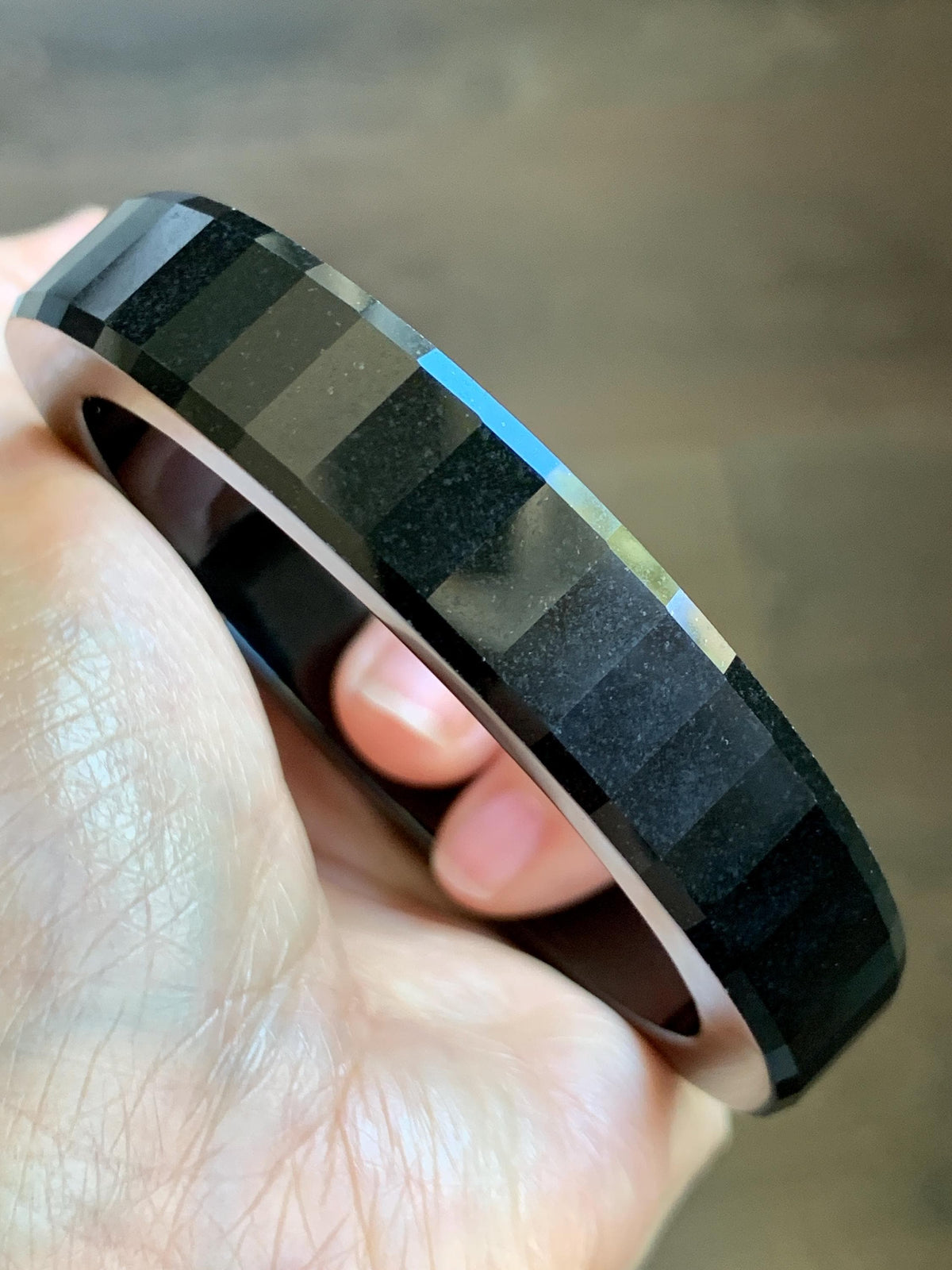 Certified Natural Grade A Opaque Black Jade Jadeite Faceted Wide Square-edged Bangle 58.73mm 7.26” 61.27g 天然墨翠宽版切割面手镯 945