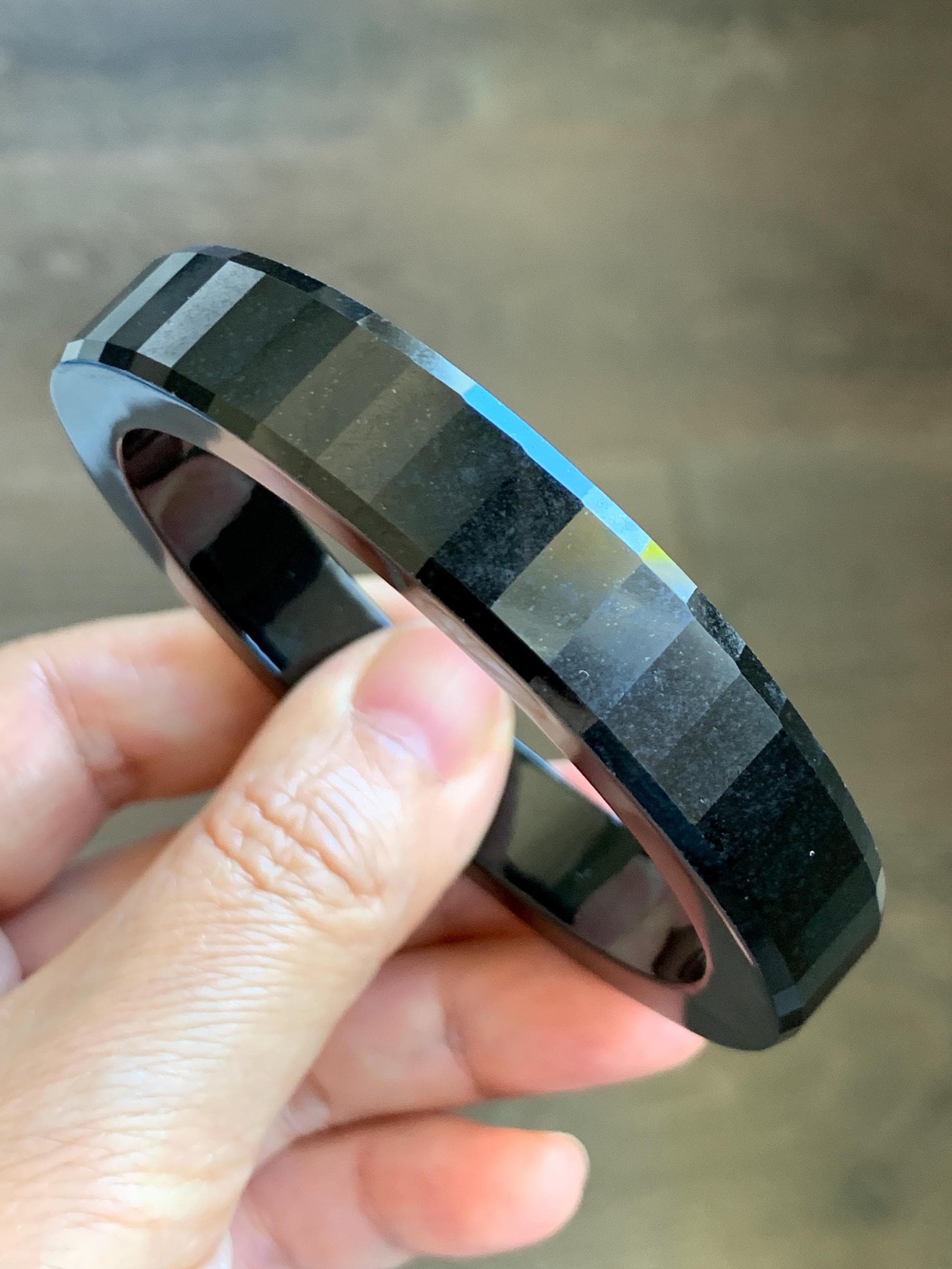 Certified Natural Grade A Opaque Black Jade Jadeite Faceted Wide Square-edged Bangle 58.73mm 7.26” 61.27g 天然墨翠宽版切割面手镯 945