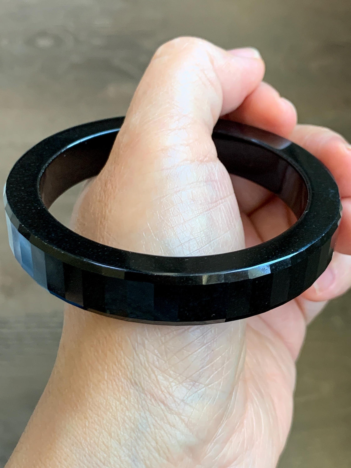 Certified Natural Grade A Opaque Black Jade Jadeite Faceted Wide Square-edged Bangle 58.73mm 7.26” 61.27g 天然墨翠宽版切割面手镯 945