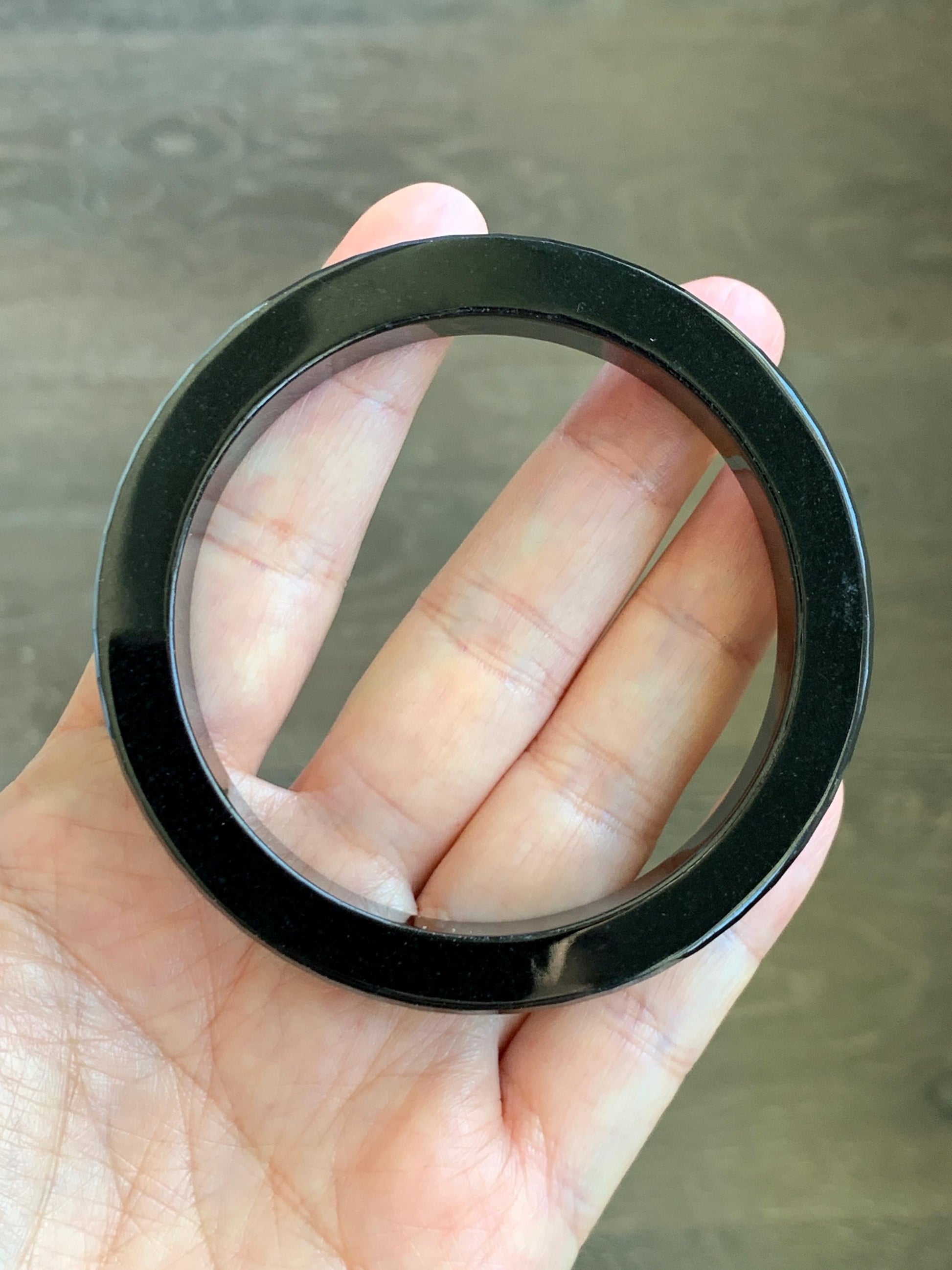 Certified Natural Grade A Opaque Black Jade Jadeite Faceted Wide Square-edged Bangle 58.73mm 7.26” 61.27g 天然墨翠宽版切割面手镯 945