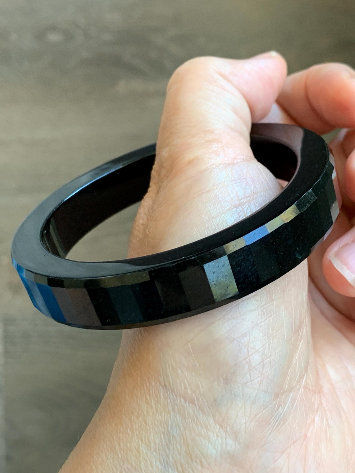 Certified Natural Grade A Opaque Black Jade Jadeite Faceted Wide Square-edged Bangle 58.73mm 7.26” 61.27g 天然墨翠宽版切割面手镯 945