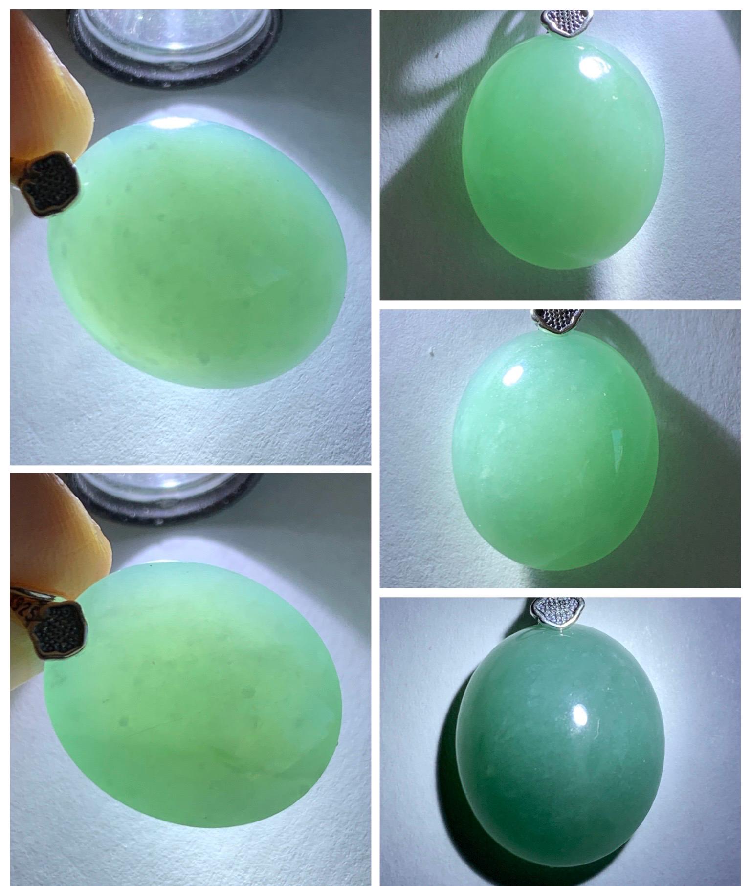 Natural Grade A Guatemalan Icy Translucent Dark Teal Blue Jade Jadeite Large Oval Pendant Sterling Silver 5g 天然冰危蓝翡翠椭圆蛋面吊坠 WLO60