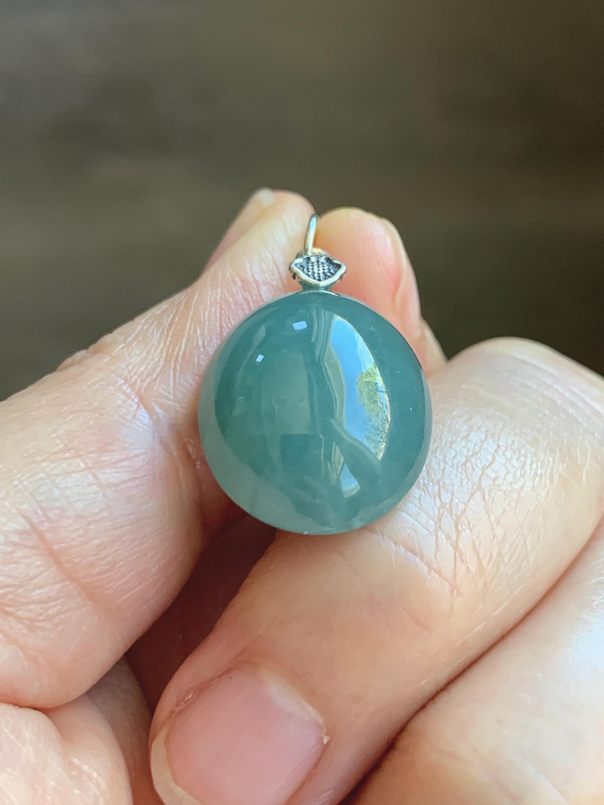 Natural Grade A Guatemalan Icy Translucent Dark Teal Blue Jade Jadeite Large Oval Pendant Sterling Silver 5g 天然冰危蓝翡翠椭圆蛋面吊坠 WLO60