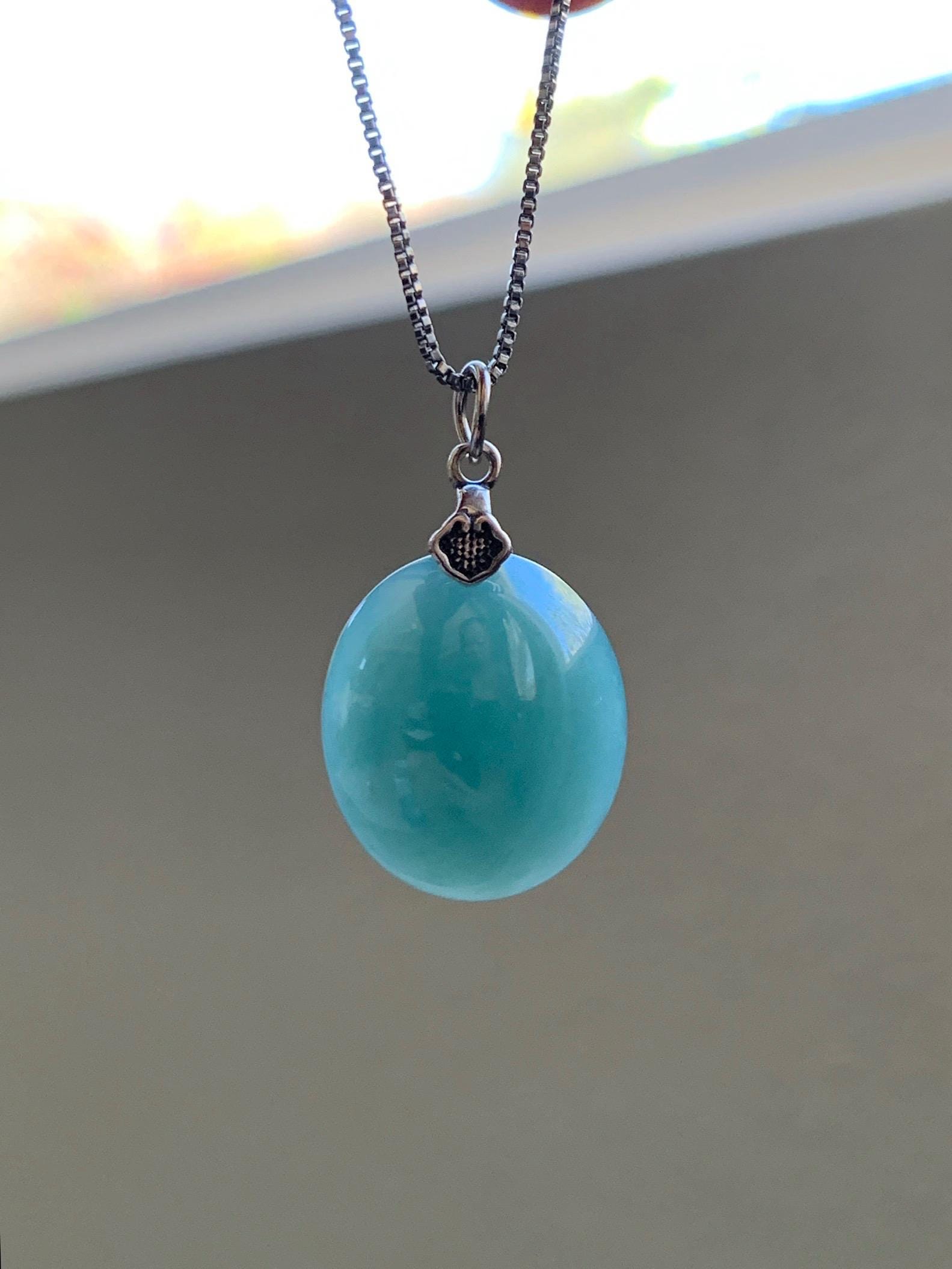 Natural Grade A Guatemalan Icy Translucent Dark Teal Blue Jade Jadeite Large Oval Pendant Sterling Silver 5g 天然冰危蓝翡翠椭圆蛋面吊坠 WLO60