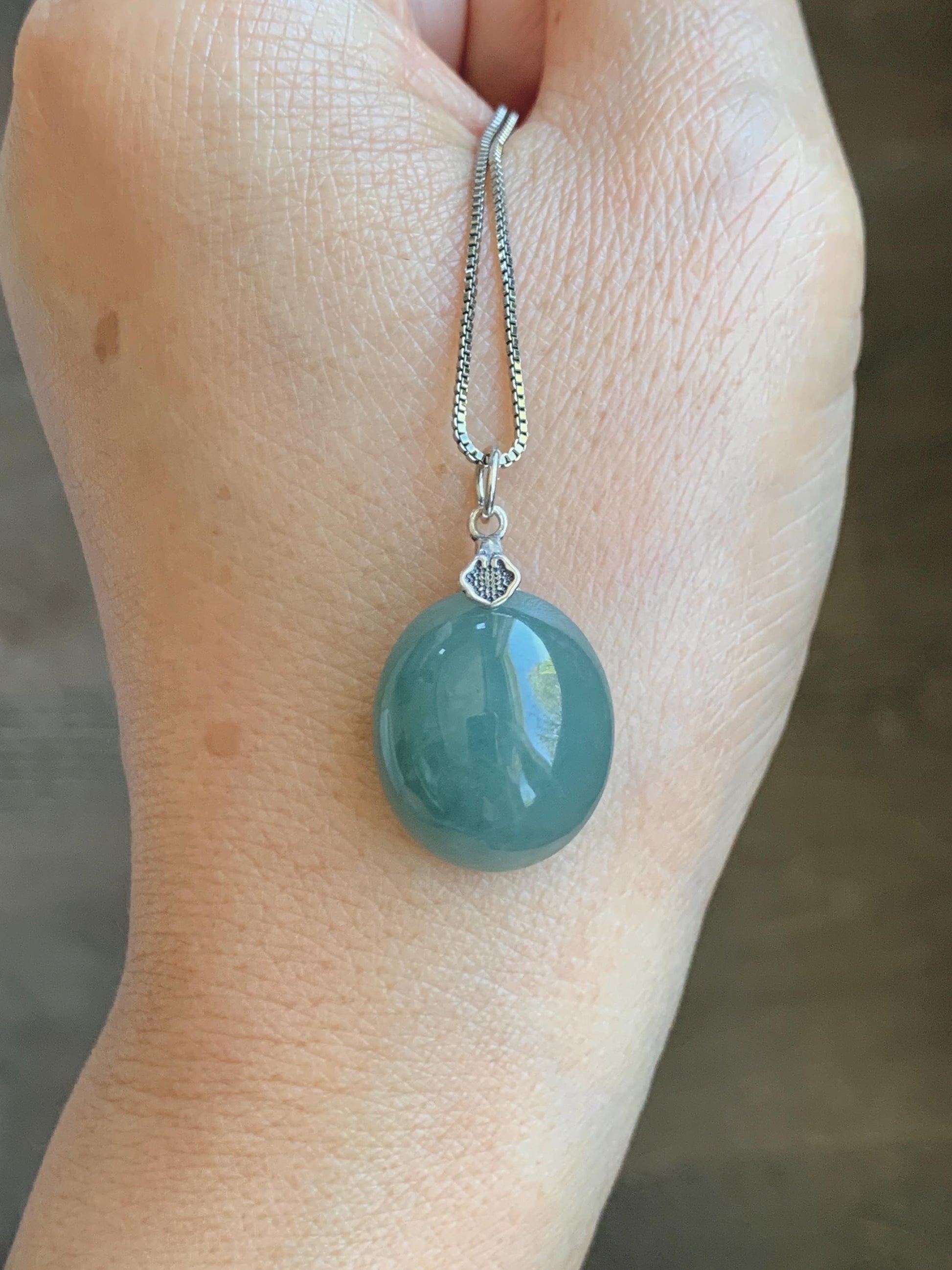 Natural Grade A Guatemalan Icy Translucent Dark Teal Blue Jade Jadeite Large Oval Pendant Sterling Silver 5g 天然冰危蓝翡翠椭圆蛋面吊坠 WLO60