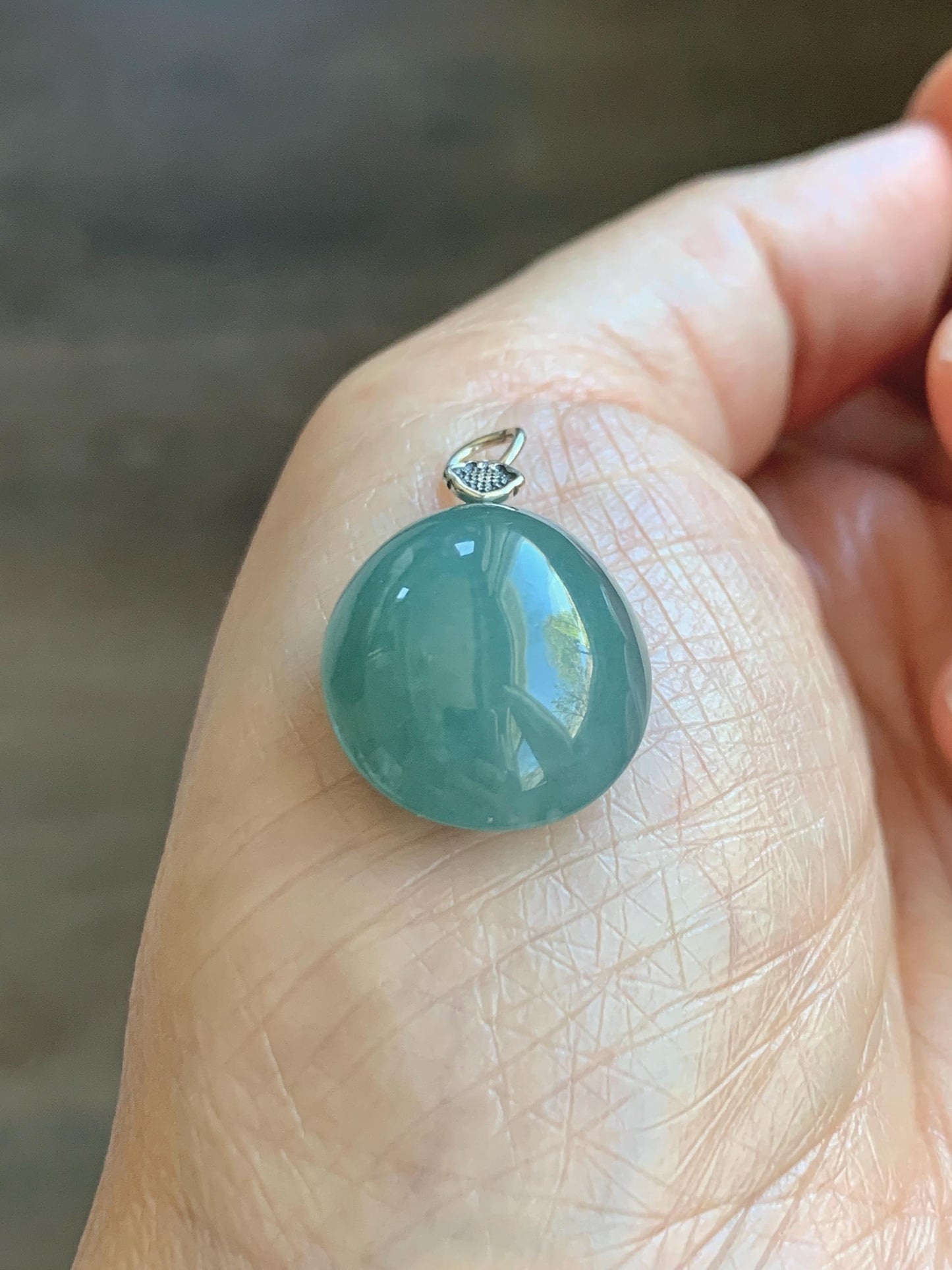 Natural Grade A Guatemalan Icy Translucent Dark Teal Blue Jade Jadeite Large Oval Pendant Sterling Silver 5g 天然冰危蓝翡翠椭圆蛋面吊坠 WLO60