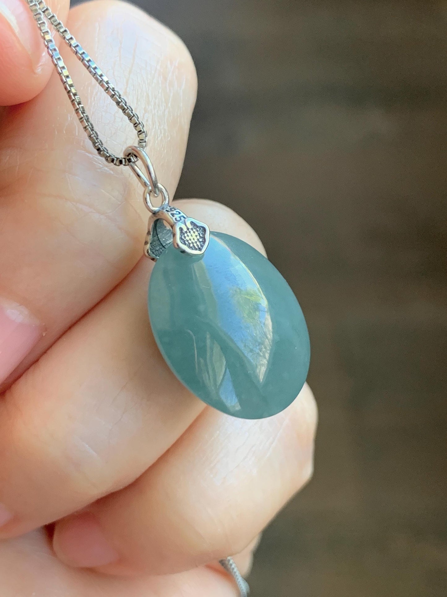 Natural Grade A Guatemalan Icy Translucent Dark Teal Blue Jade Jadeite Large Oval Pendant Sterling Silver 5g 天然冰危蓝翡翠椭圆蛋面吊坠 WLO60