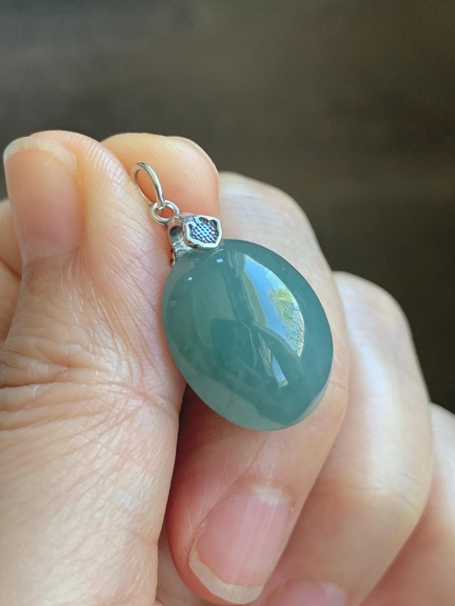 Natural Grade A Guatemalan Icy Translucent Dark Teal Blue Jade Jadeite Large Oval Pendant Sterling Silver 5g 天然冰危蓝翡翠椭圆蛋面吊坠 WLO60
