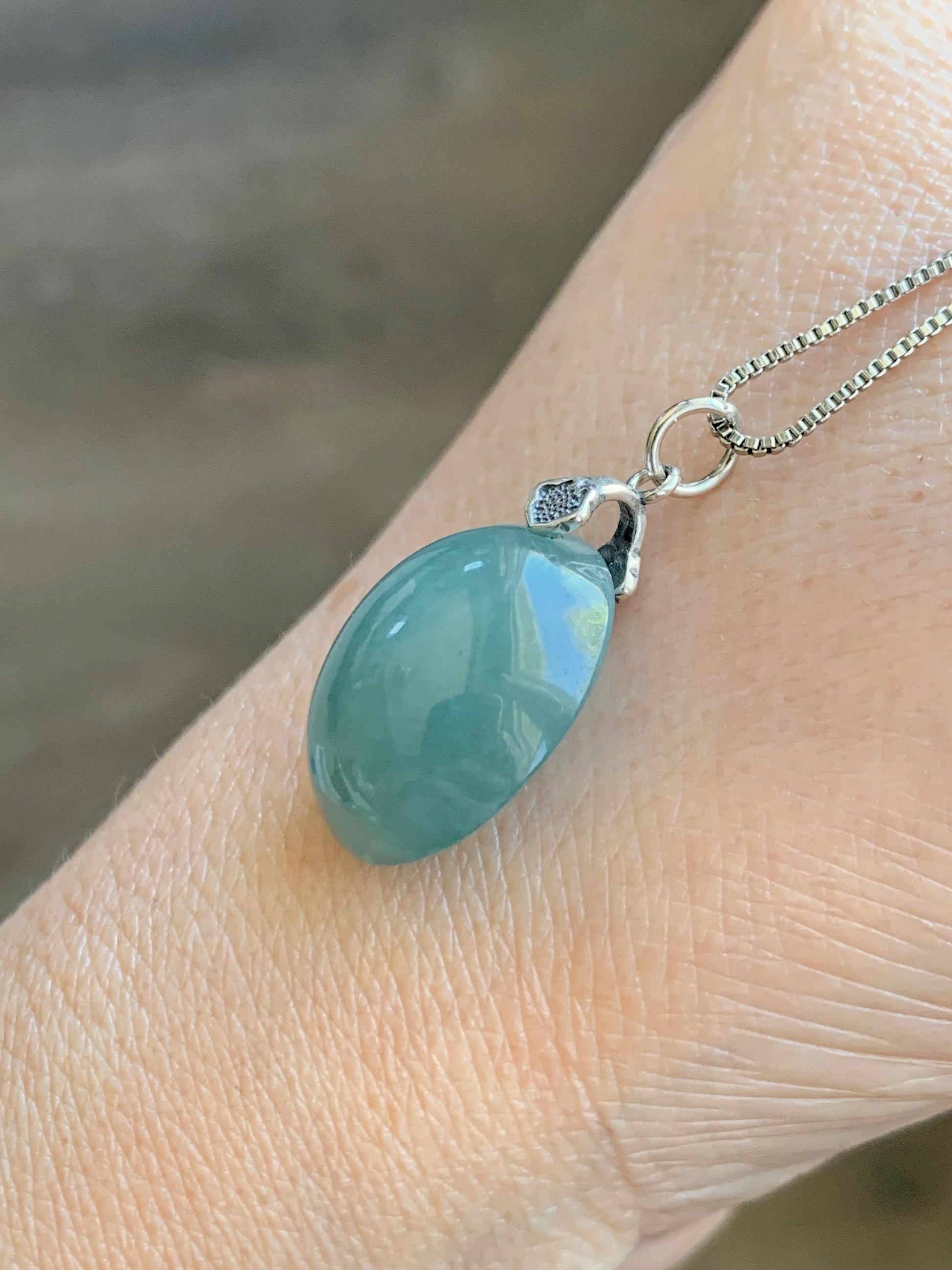 Natural Grade A Guatemalan Icy Translucent Dark Teal Blue Jade Jadeite Large Oval Pendant Sterling Silver 5g 天然冰危蓝翡翠椭圆蛋面吊坠 WLO60