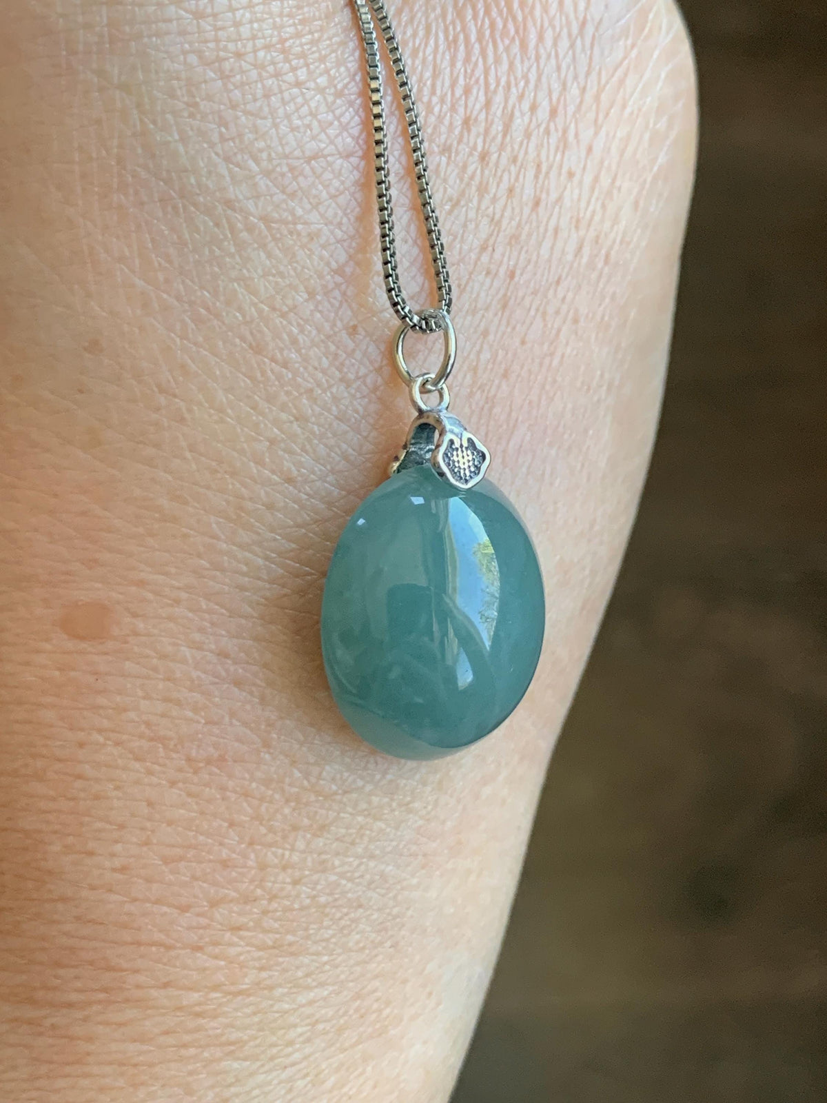 Natural Grade A Guatemalan Icy Translucent Dark Teal Blue Jade Jadeite Large Oval Pendant Sterling Silver 5g 天然冰危蓝翡翠椭圆蛋面吊坠 WLO60