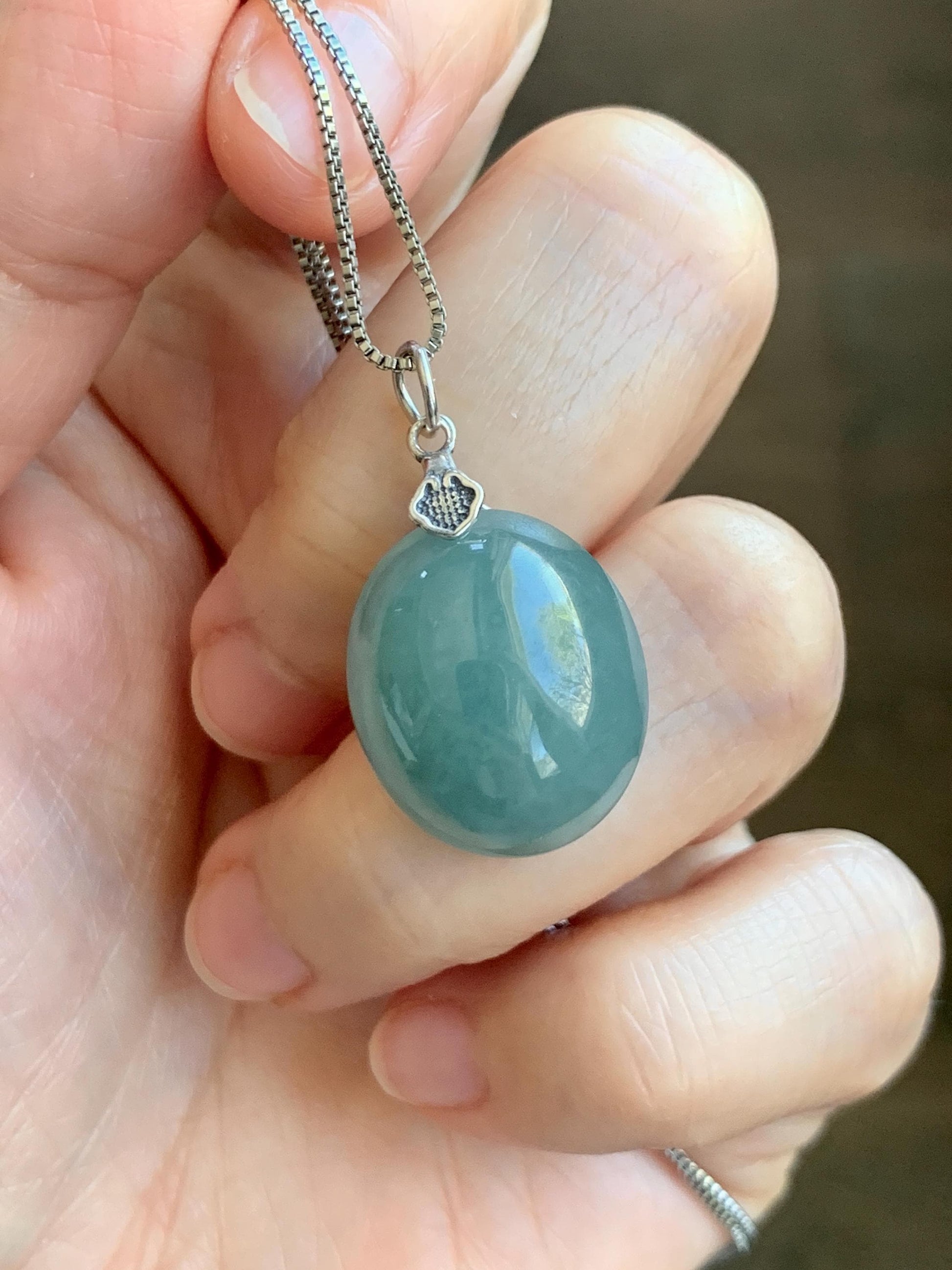 Natural Grade A Guatemalan Icy Translucent Dark Teal Blue Jade Jadeite Large Oval Pendant Sterling Silver 5g 天然冰危蓝翡翠椭圆蛋面吊坠 WLO60