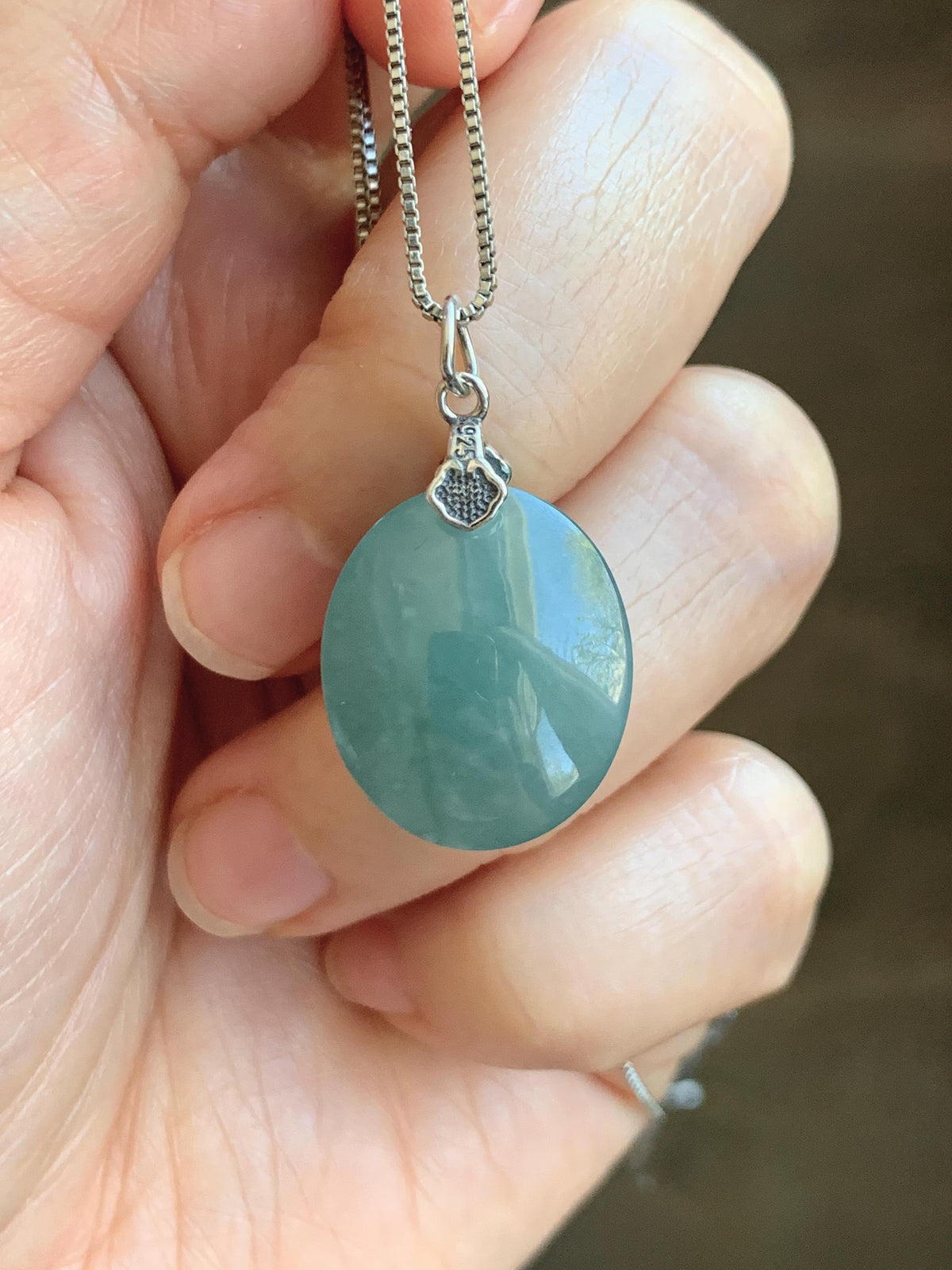 Natural Grade A Guatemalan Icy Translucent Dark Teal Blue Jade Jadeite Large Oval Pendant Sterling Silver 5g 天然冰危蓝翡翠椭圆蛋面吊坠 WLO60