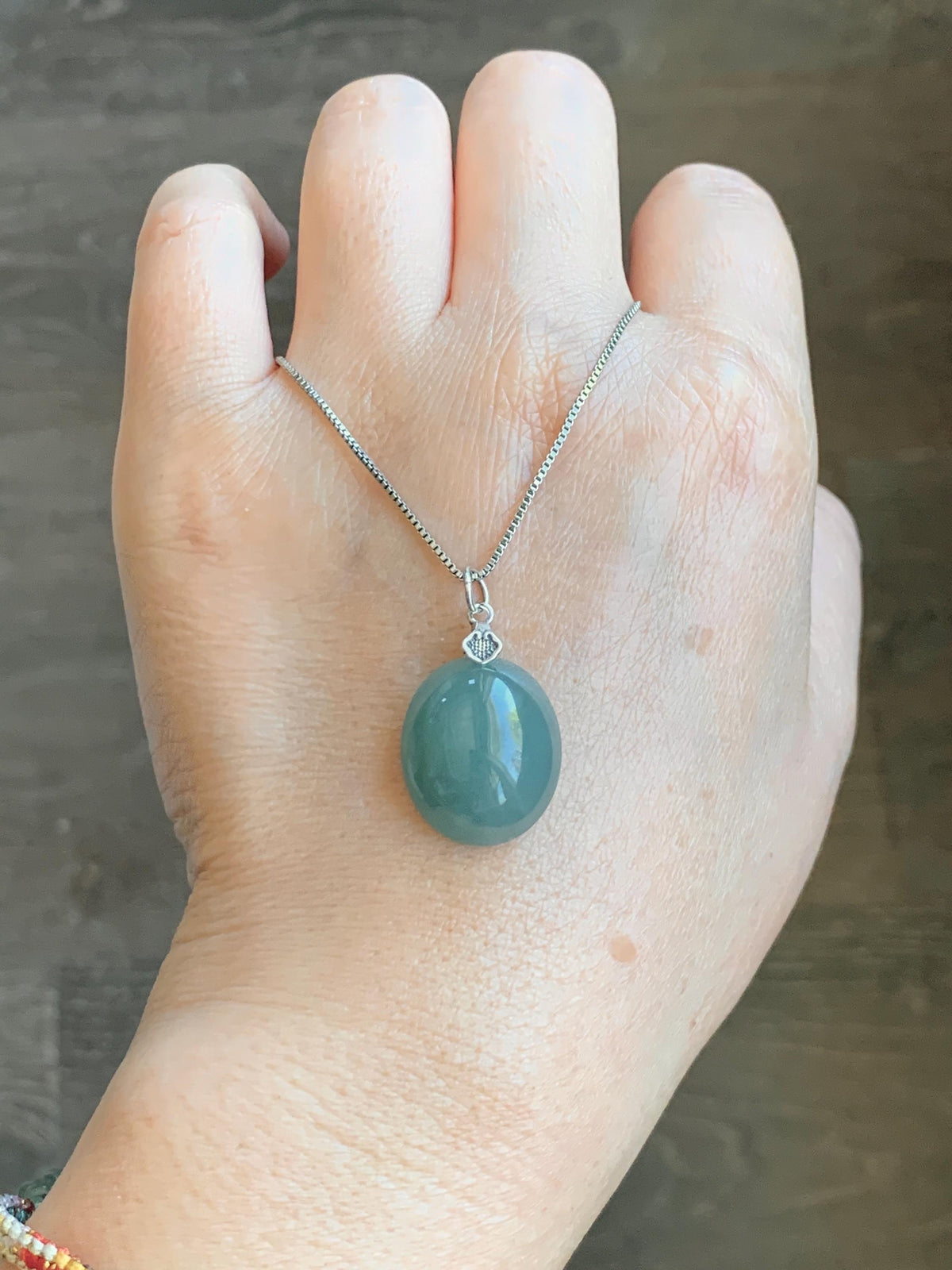 Natural Grade A Guatemalan Icy Translucent Dark Teal Blue Jade Jadeite Large Oval Pendant Sterling Silver 5g 天然冰危蓝翡翠椭圆蛋面吊坠 WLO60