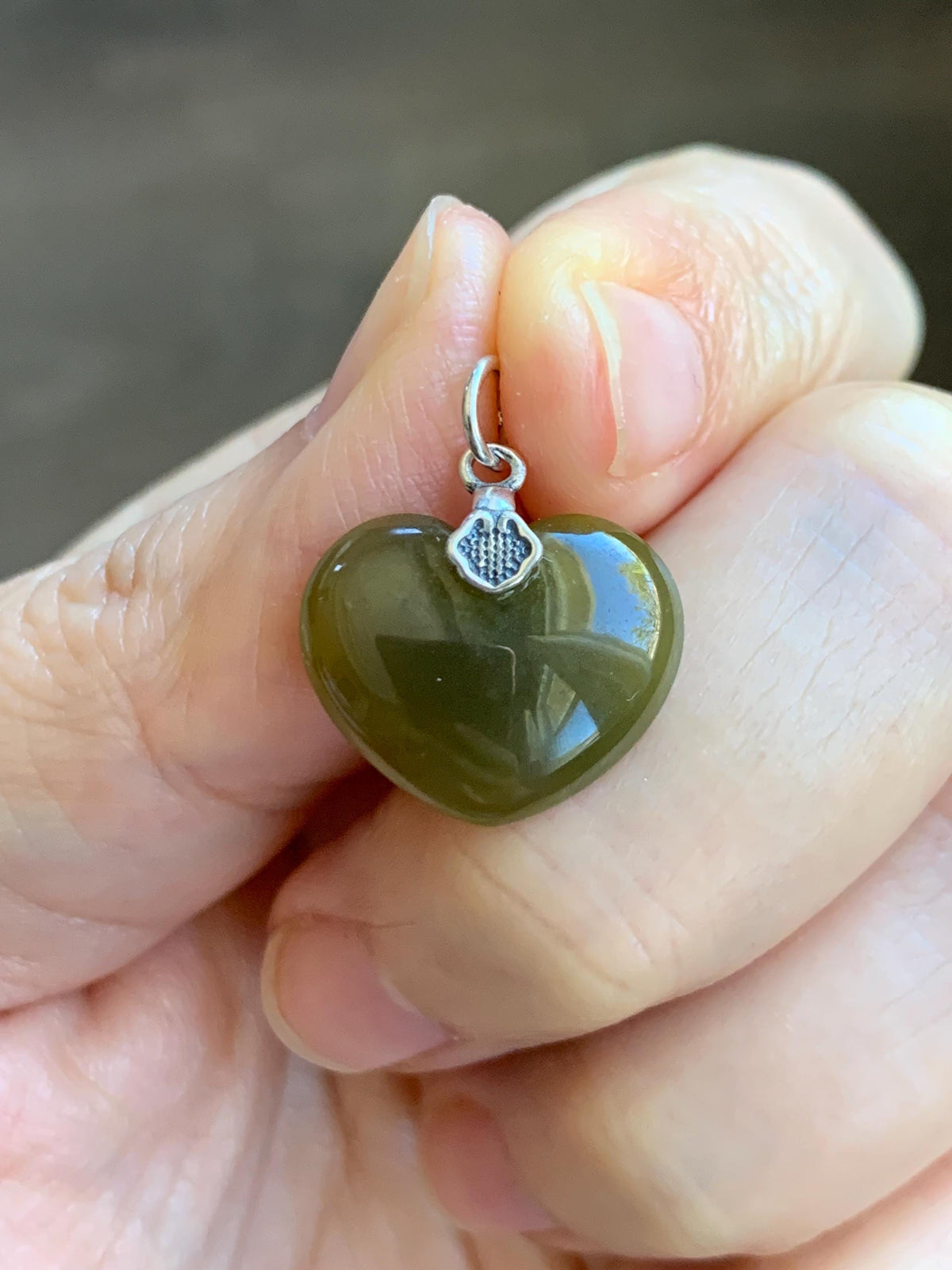 Natural Grade A Guatemalan Icy Translucent Deep Greenish Brown Jade Jadeite Heart Pendant Sterling Silver 2g 天然冰危深茶黄翡翠爱心吊坠 WCH70
