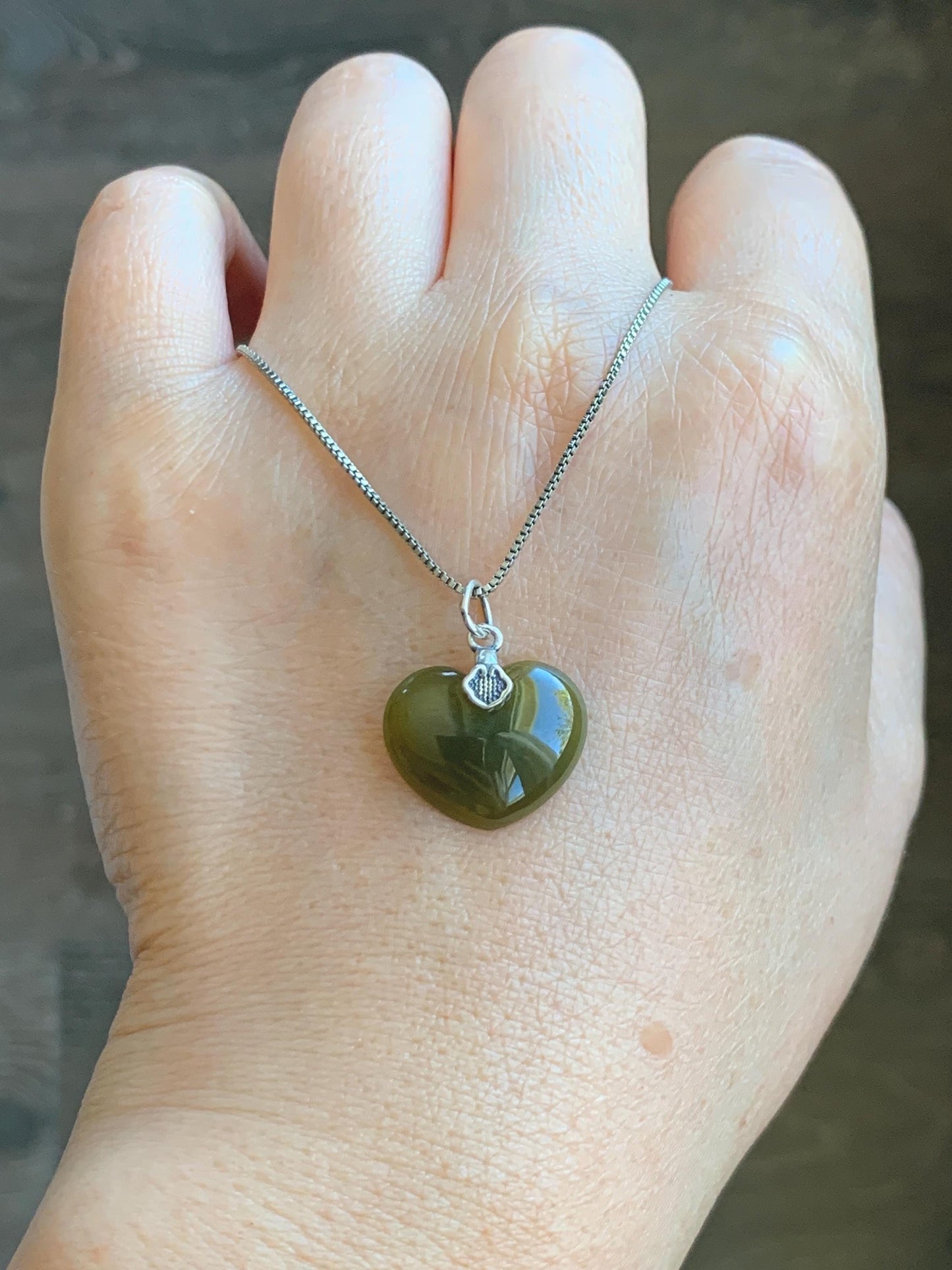Natural Grade A Guatemalan Icy Translucent Deep Greenish Brown Jade Jadeite Heart Pendant Sterling Silver 2g 天然冰危深茶黄翡翠爱心吊坠 WCH70
