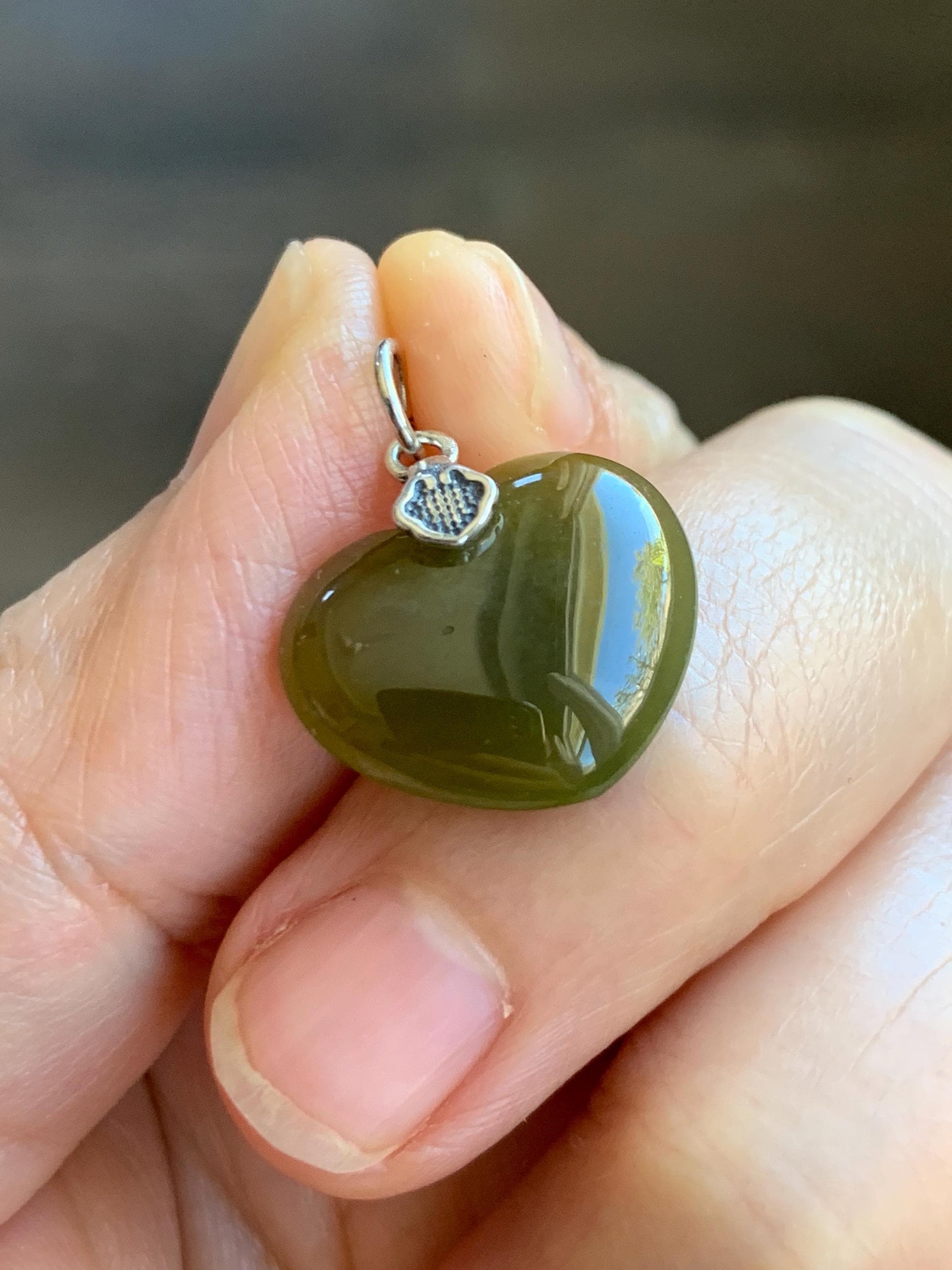 Natural Grade A Guatemalan Icy Translucent Deep Greenish Brown Jade Jadeite Heart Pendant Sterling Silver 2g 天然冰危深茶黄翡翠爱心吊坠 WCH70