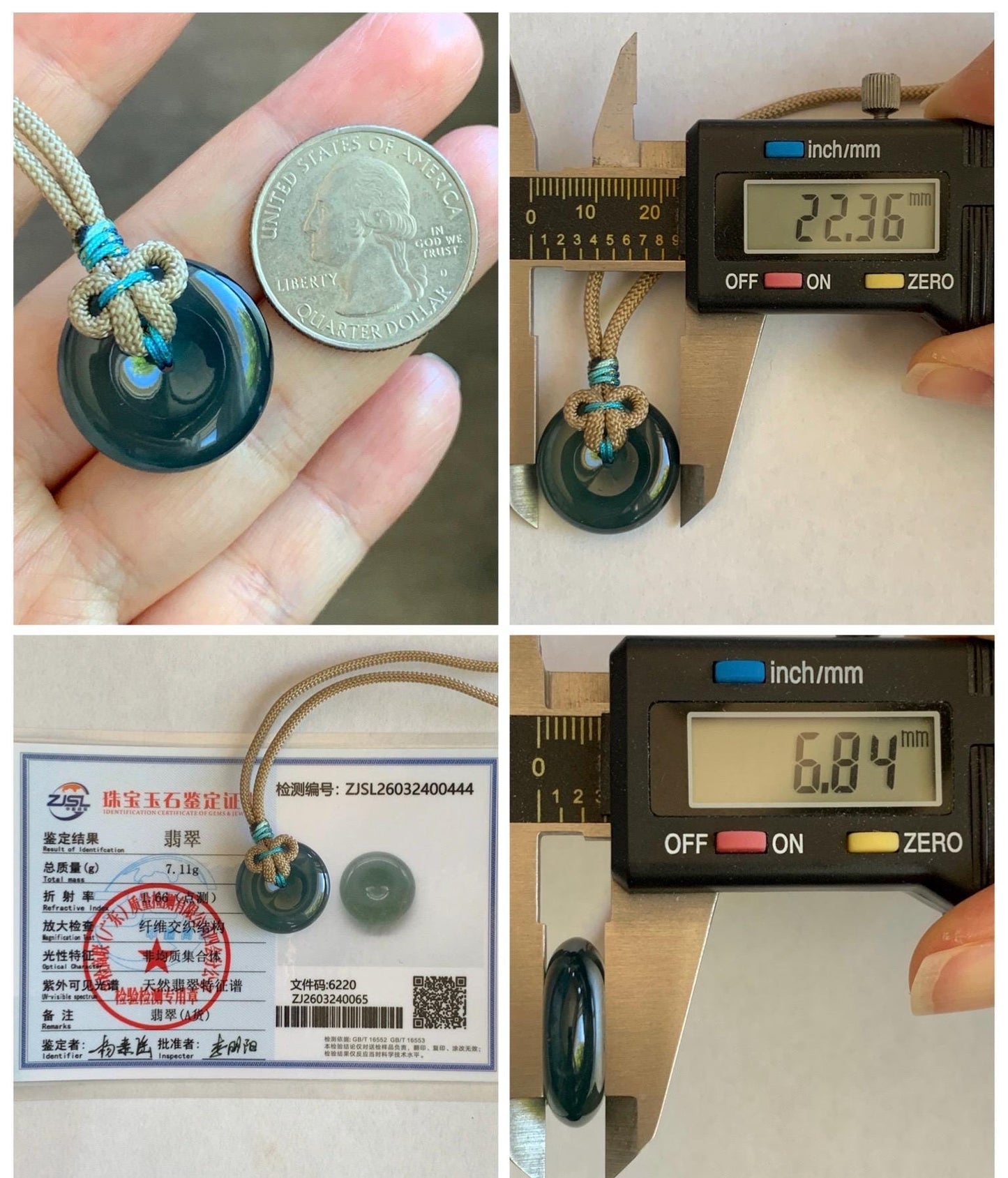 Certified Natural Grade A Guatemalan Icy Translucent Teal Blue Jade Jadeite Ping An Kou Donut Pendant Rope Necklace 24” 天然冰胶危蓝绿翡翠平安扣吊坠 444