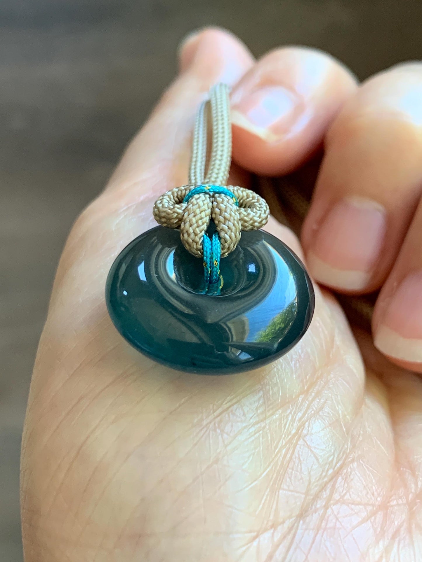 Certified Natural Grade A Guatemalan Icy Translucent Teal Blue Jade Jadeite Ping An Kou Donut Pendant Rope Necklace 24” 天然冰胶危蓝绿翡翠平安扣吊坠 444