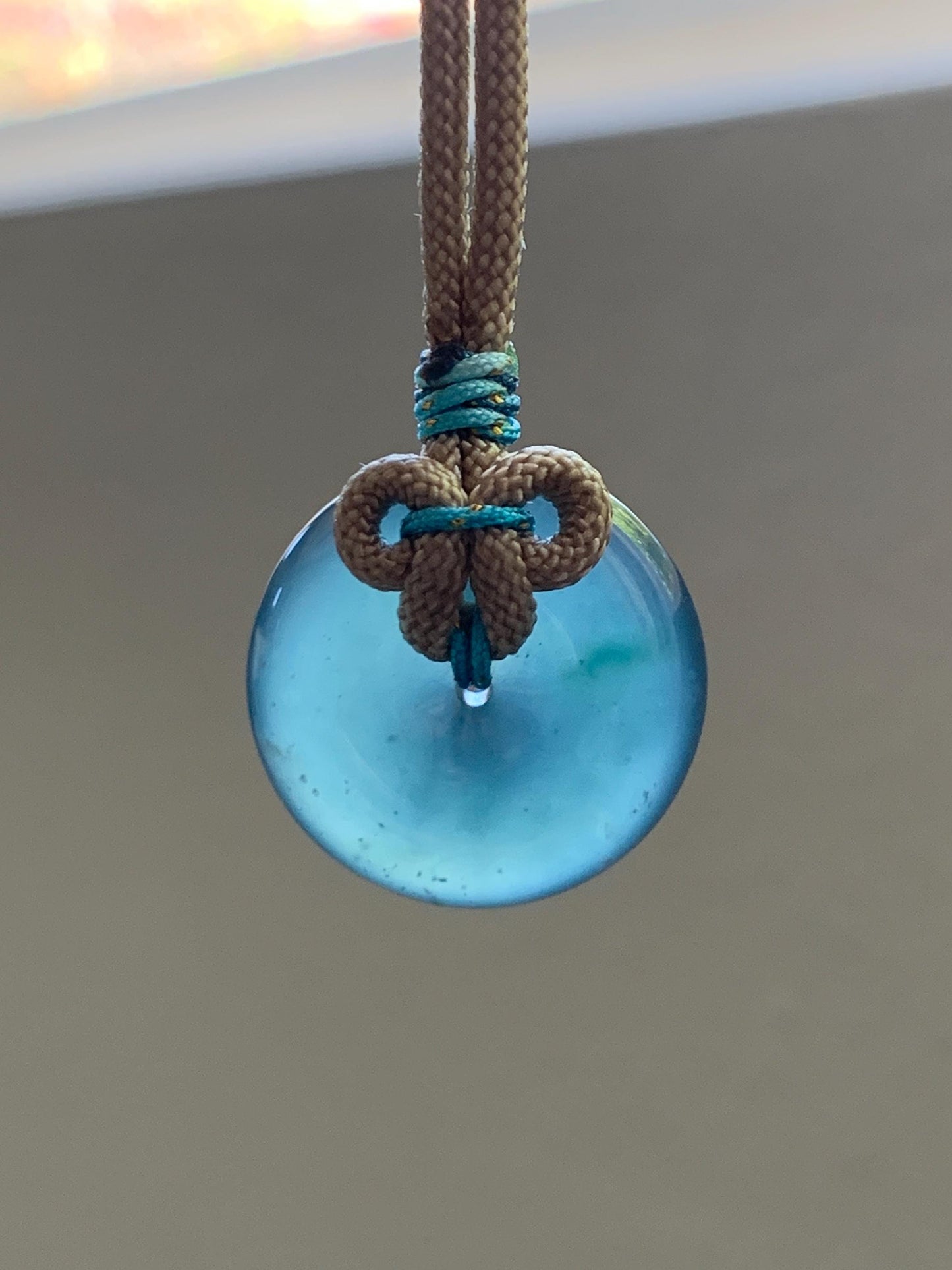 Certified Natural Grade A Guatemalan Icy Translucent Teal Blue Jade Jadeite Ping An Kou Donut Pendant Rope Necklace 24” 天然冰胶危蓝绿翡翠平安扣吊坠 444