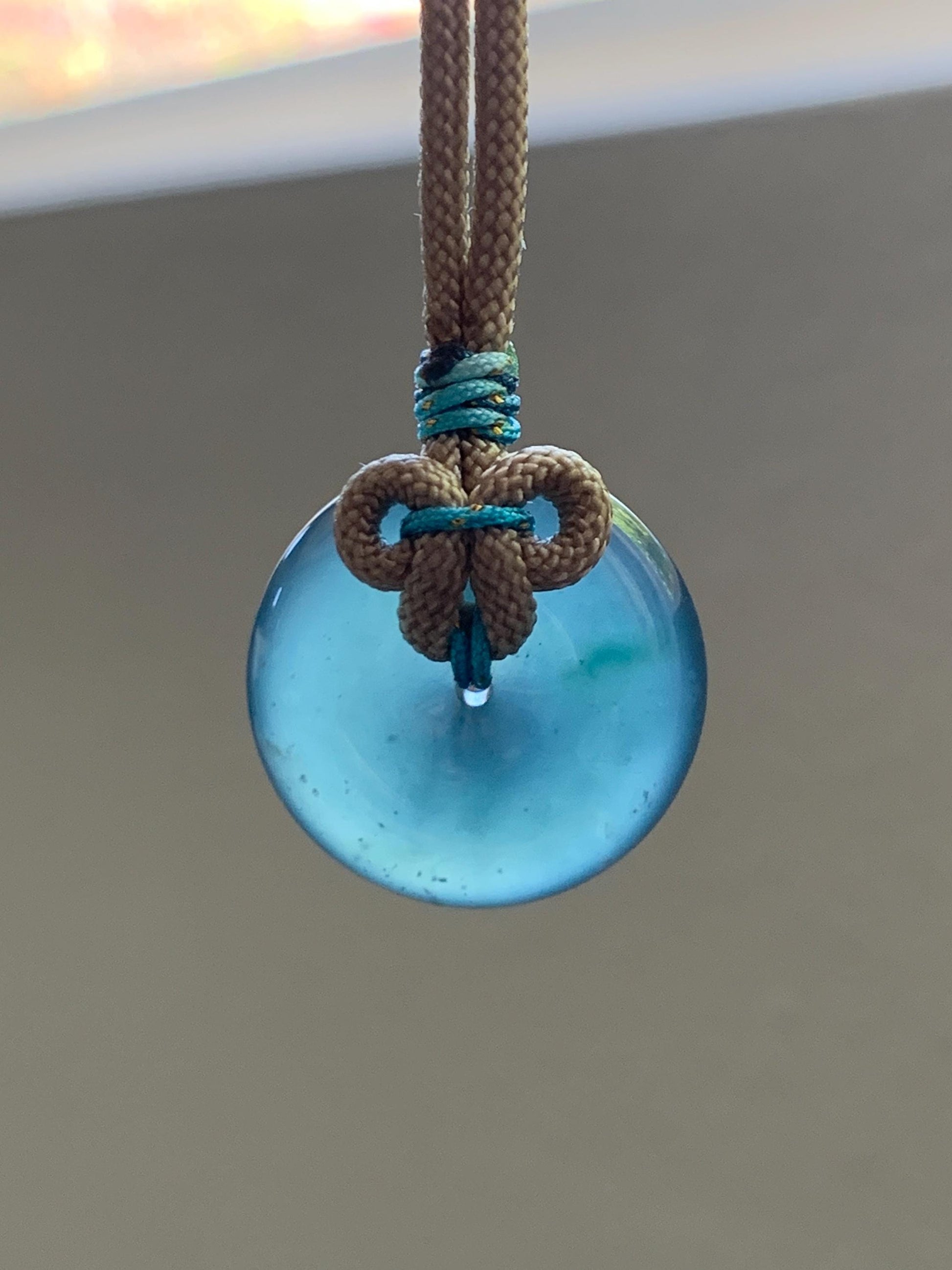Certified Natural Grade A Guatemalan Icy Translucent Teal Blue Jade Jadeite Ping An Kou Donut Pendant Rope Necklace 24” 天然冰胶危蓝绿翡翠平安扣吊坠 444