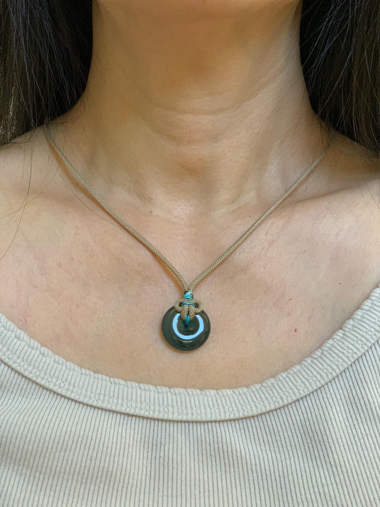 Certified Natural Grade A Guatemalan Icy Translucent Teal Blue Jade Jadeite Ping An Kou Donut Pendant Rope Necklace 24” 天然冰胶危蓝绿翡翠平安扣吊坠 444