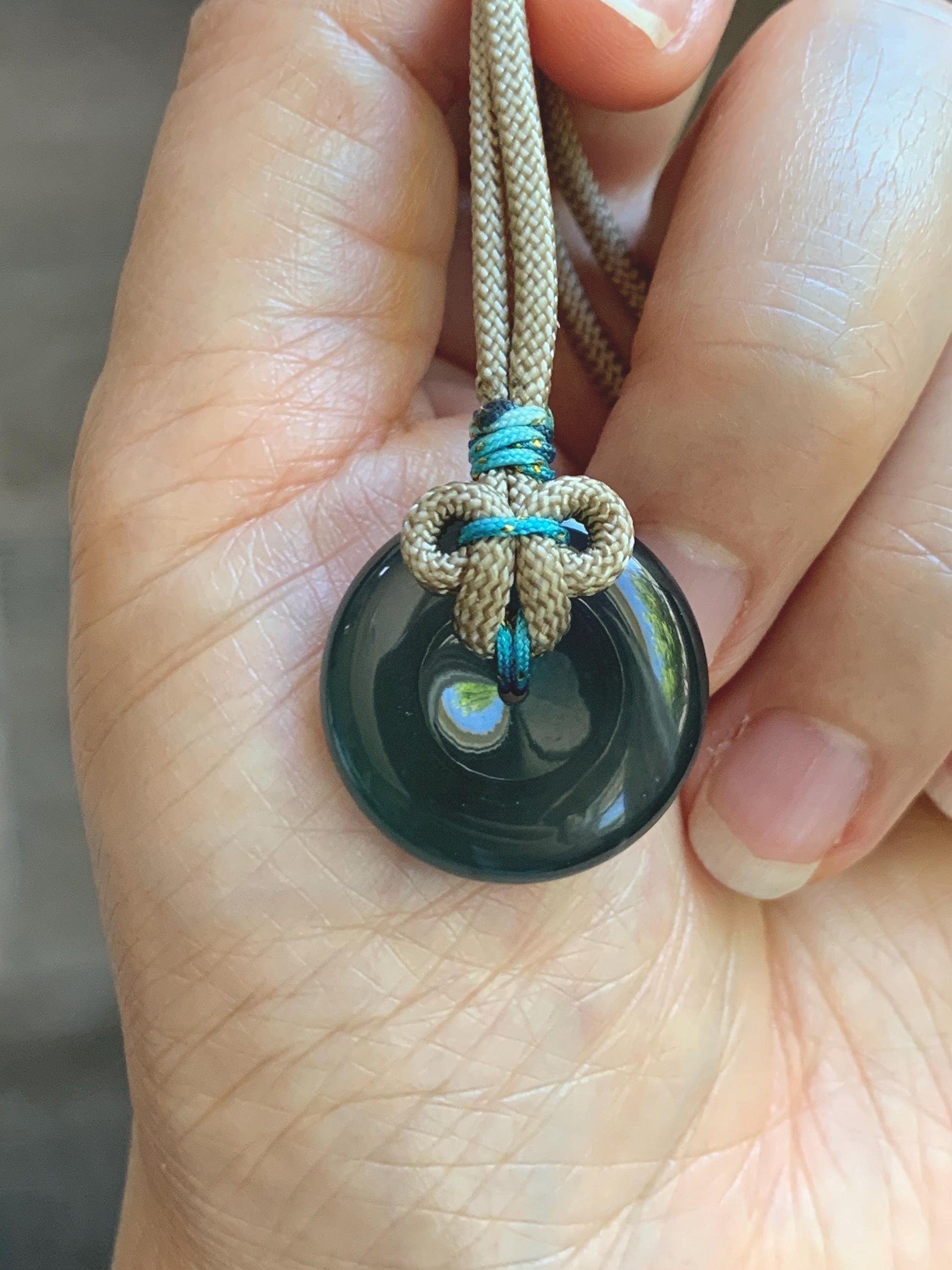 Certified Natural Grade A Guatemalan Icy Translucent Teal Blue Jade Jadeite Ping An Kou Donut Pendant Rope Necklace 24” 天然冰胶危蓝绿翡翠平安扣吊坠 444