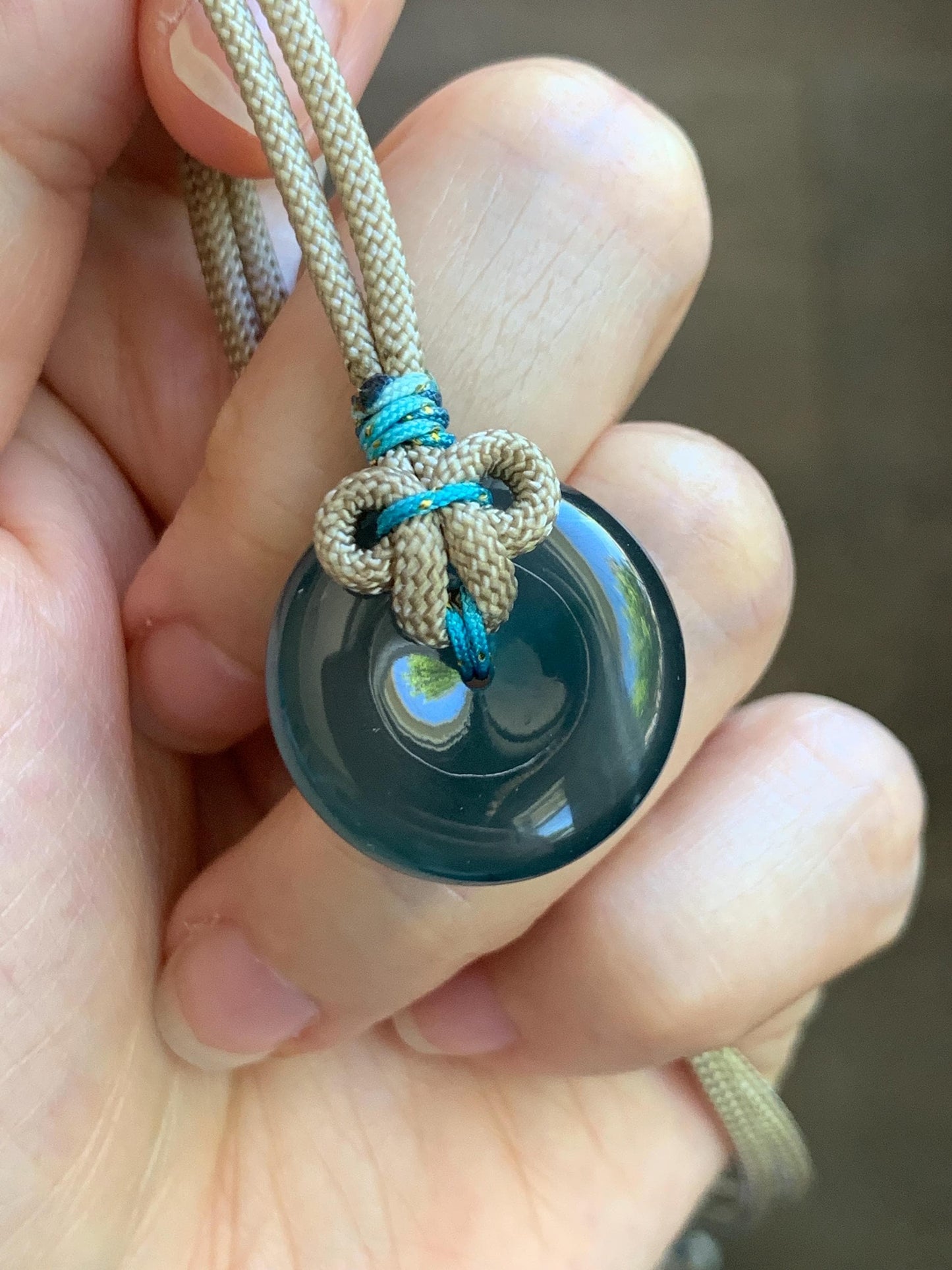 Certified Natural Grade A Guatemalan Icy Translucent Teal Blue Jade Jadeite Ping An Kou Donut Pendant Rope Necklace 24” 天然冰胶危蓝绿翡翠平安扣吊坠 444