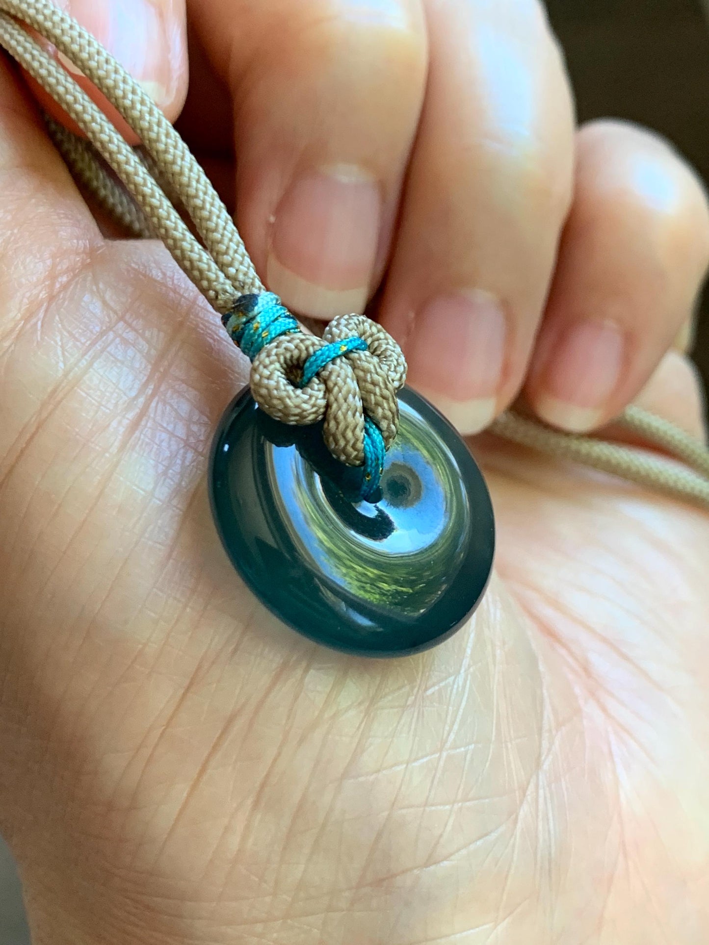 Certified Natural Grade A Guatemalan Icy Translucent Teal Blue Jade Jadeite Ping An Kou Donut Pendant Rope Necklace 24” 天然冰胶危蓝绿翡翠平安扣吊坠 444