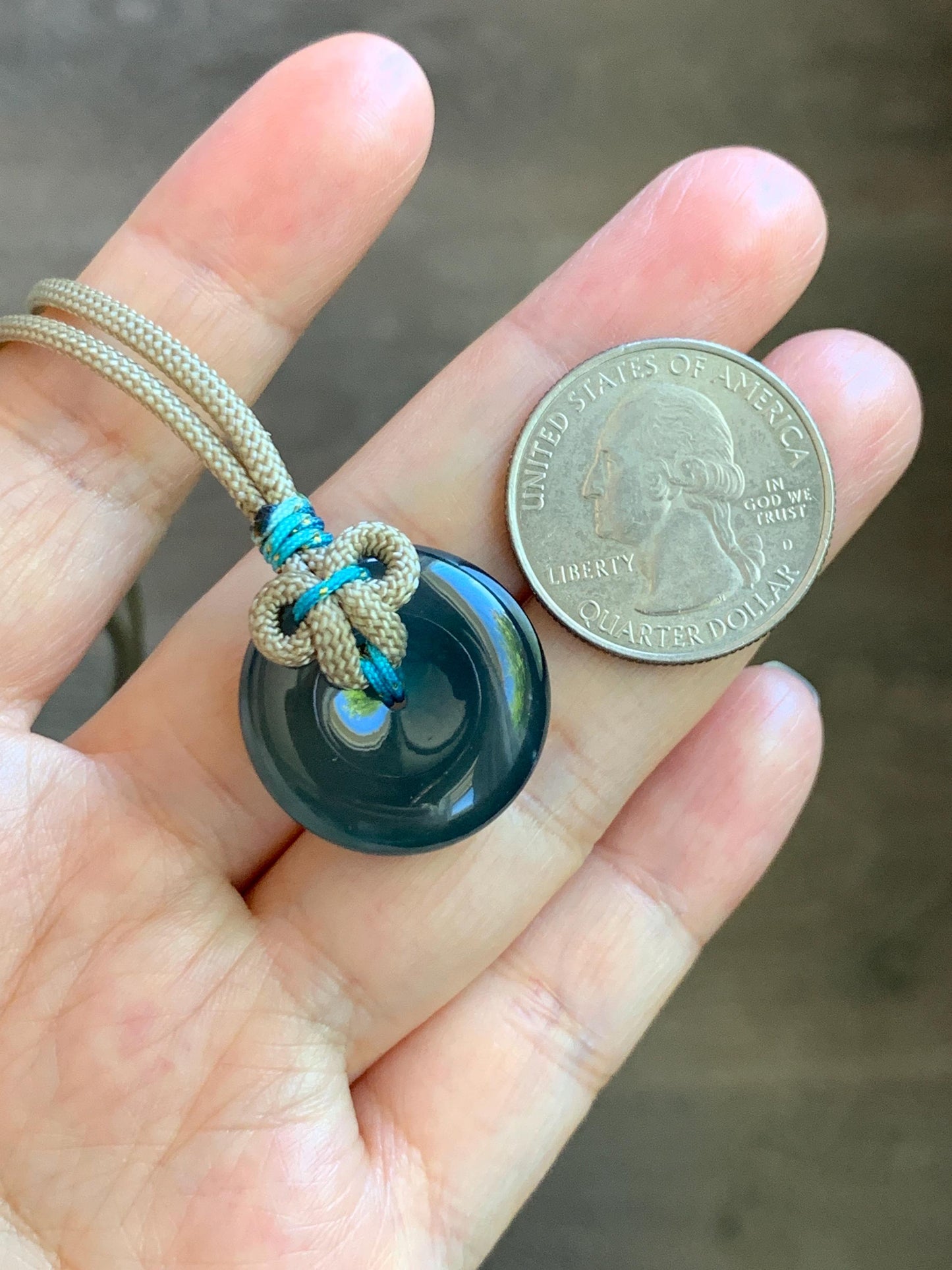 Certified Natural Grade A Guatemalan Icy Translucent Teal Blue Jade Jadeite Ping An Kou Donut Pendant Rope Necklace 24” 天然冰胶危蓝绿翡翠平安扣吊坠 444