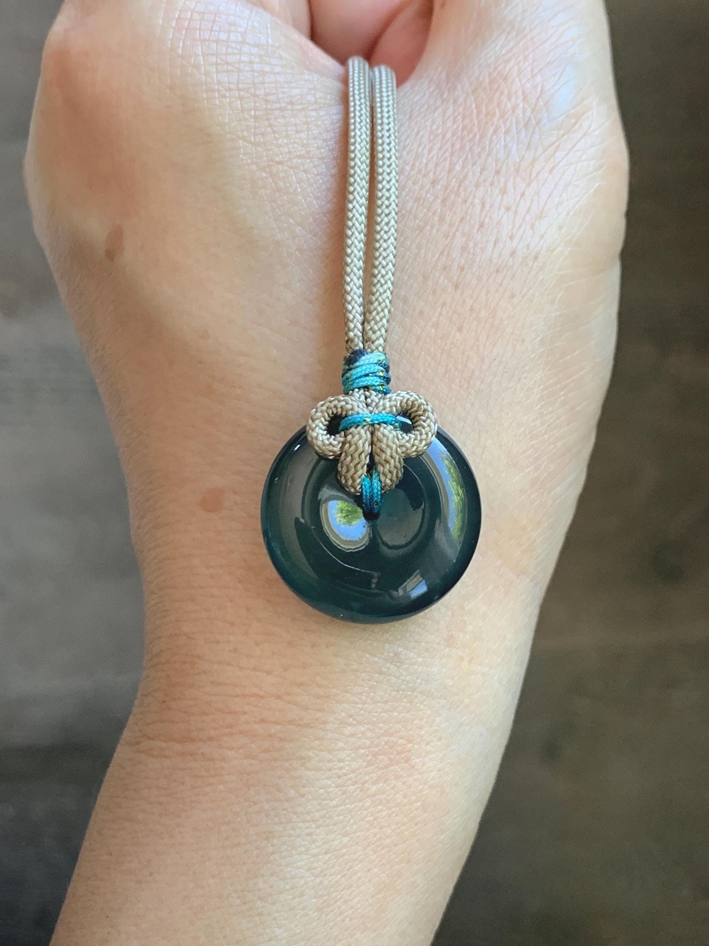 Certified Natural Grade A Guatemalan Icy Translucent Teal Blue Jade Jadeite Ping An Kou Donut Pendant Rope Necklace 24” 天然冰胶危蓝绿翡翠平安扣吊坠 444