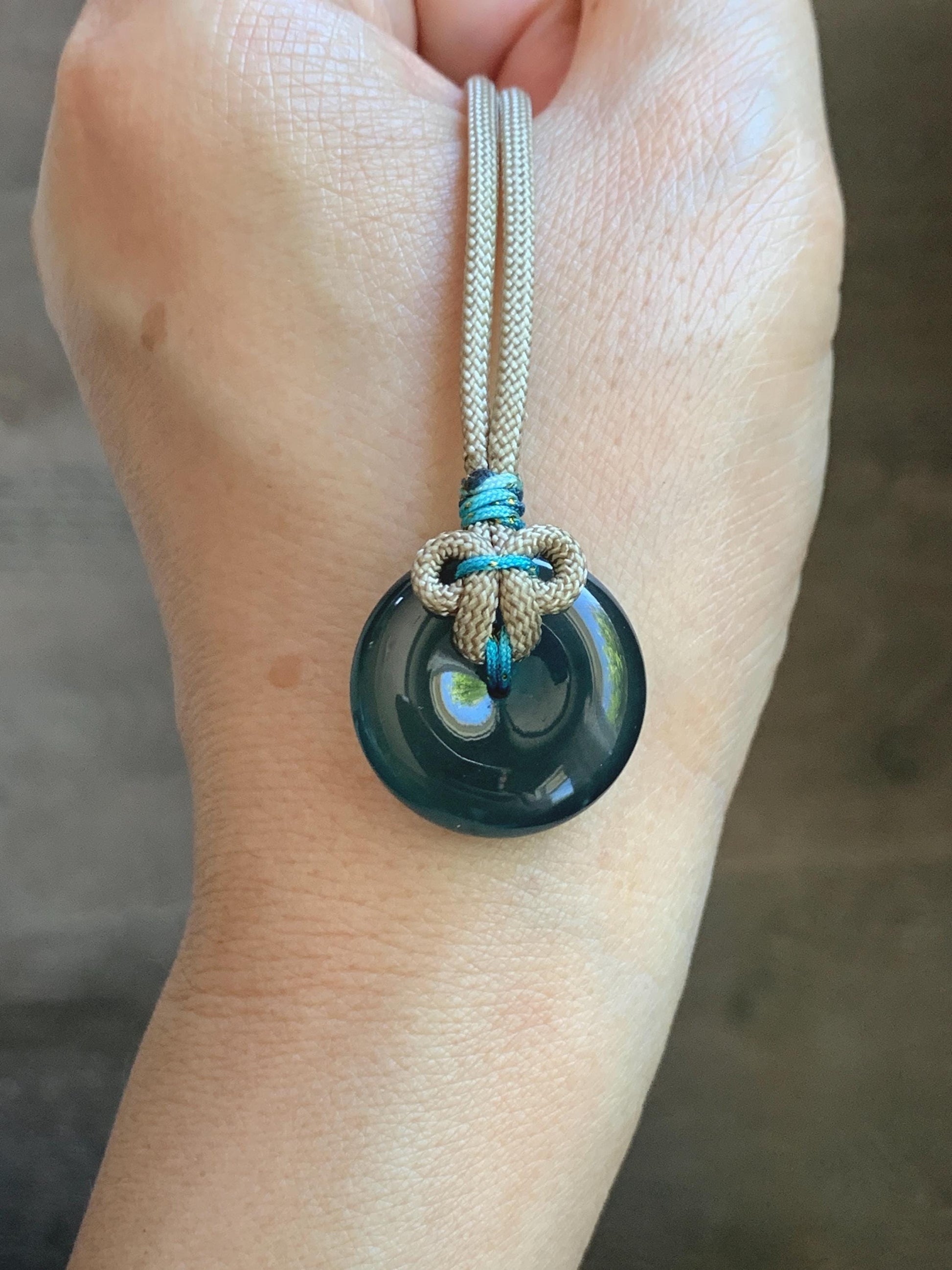 Certified Natural Grade A Guatemalan Icy Translucent Teal Blue Jade Jadeite Ping An Kou Donut Pendant Rope Necklace 24” 天然冰胶危蓝绿翡翠平安扣吊坠 444