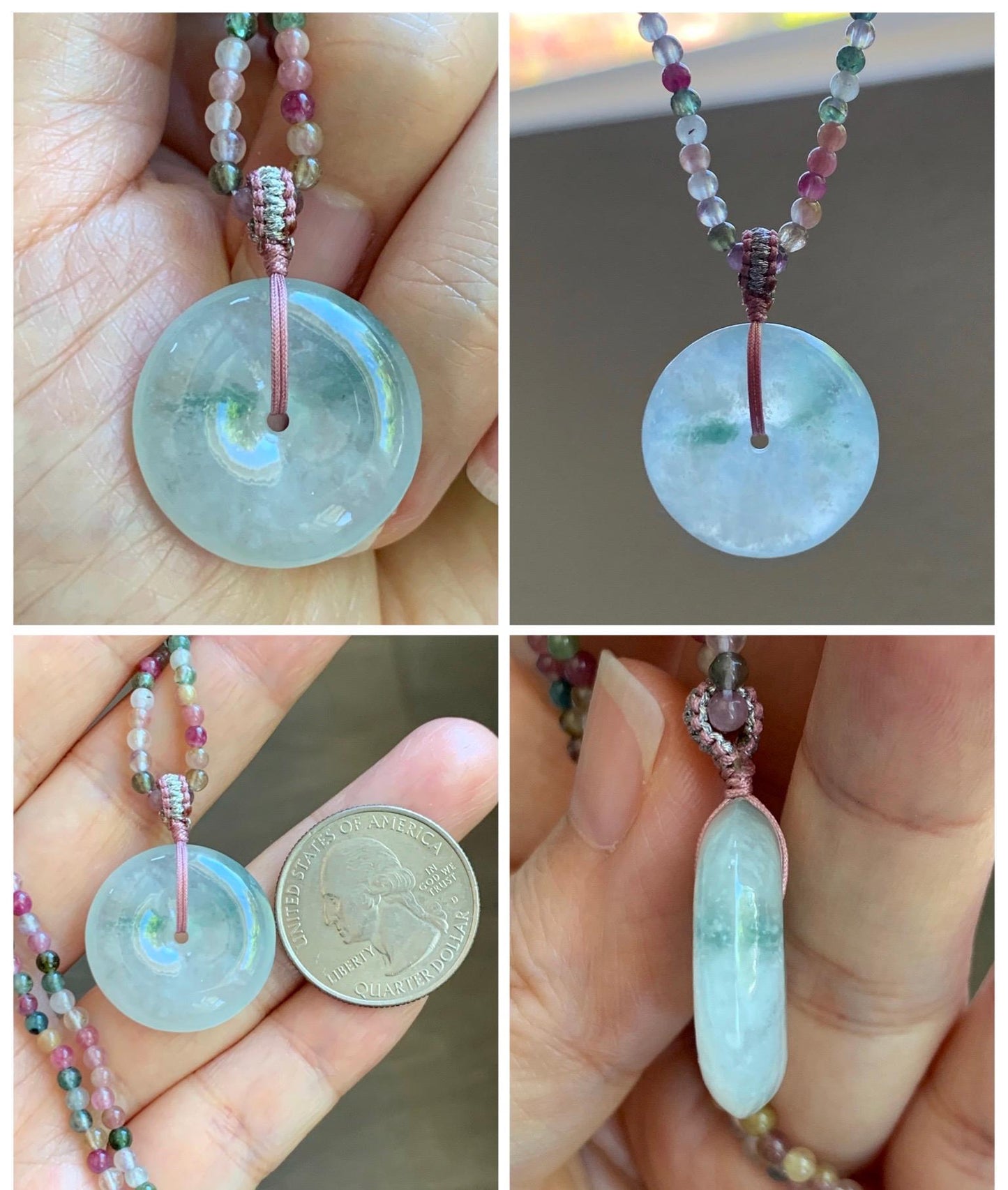 Certified Grade A Natural Icy White Jade Jadeite Ping An Kou Donut Pendant Natural Tourmaline Beaded Necklace 16”-17” 天然正白冰飘花翡翠平安扣吊坠碧玺项链 254