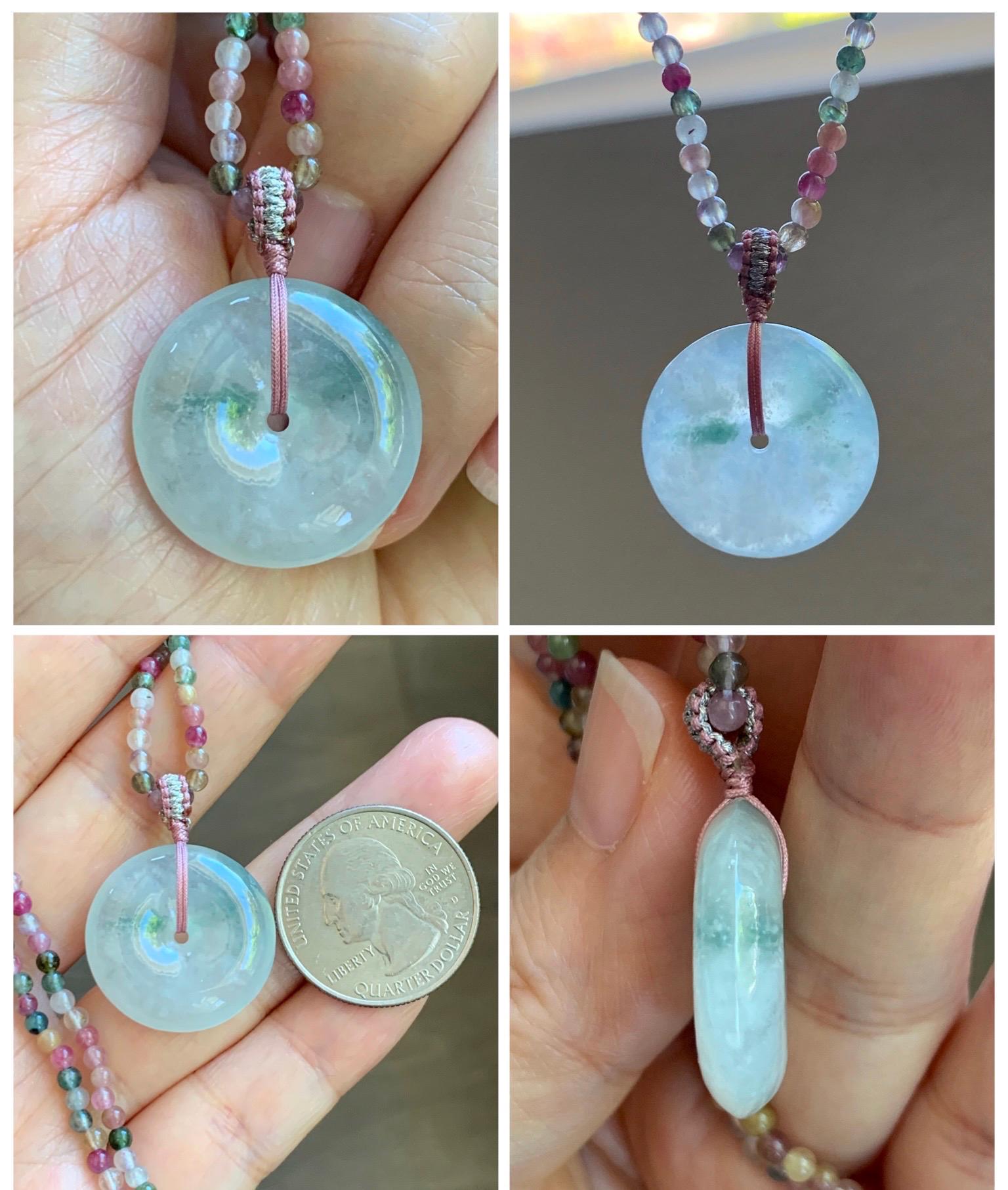 Certified Grade A Natural Icy White Jade Jadeite Ping An Kou Donut Pendant Natural Tourmaline Beaded Necklace 16”-17” 天然正白冰飘花翡翠平安扣吊坠碧玺项链 254
