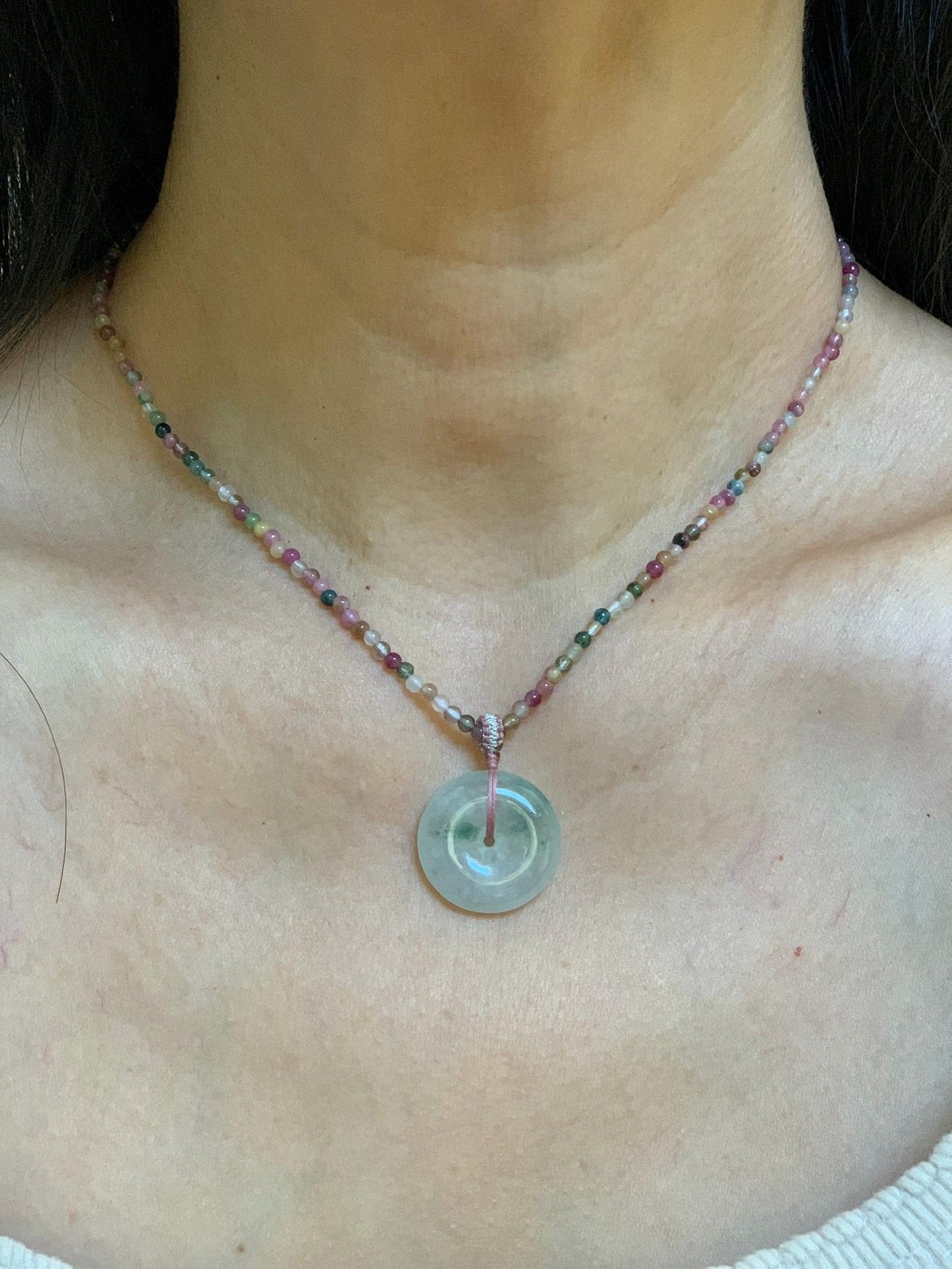 Certified Grade A Natural Icy White Jade Jadeite Ping An Kou Donut Pendant Natural Tourmaline Beaded Necklace 16”-17” 天然正白冰飘花翡翠平安扣吊坠碧玺项链 254