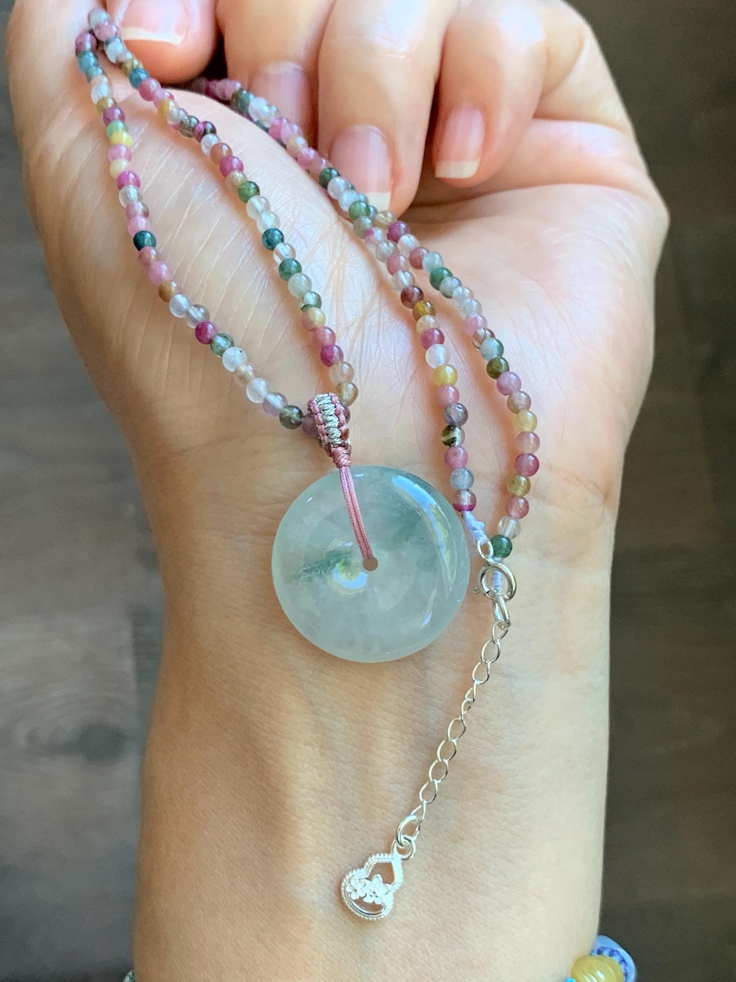 Certified Grade A Natural Icy White Jade Jadeite Ping An Kou Donut Pendant Natural Tourmaline Beaded Necklace 16”-17” 天然正白冰飘花翡翠平安扣吊坠碧玺项链 254