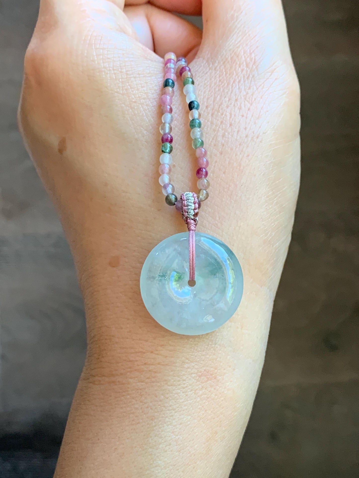 Certified Grade A Natural Icy White Jade Jadeite Ping An Kou Donut Pendant Natural Tourmaline Beaded Necklace 16”-17” 天然正白冰飘花翡翠平安扣吊坠碧玺项链 254