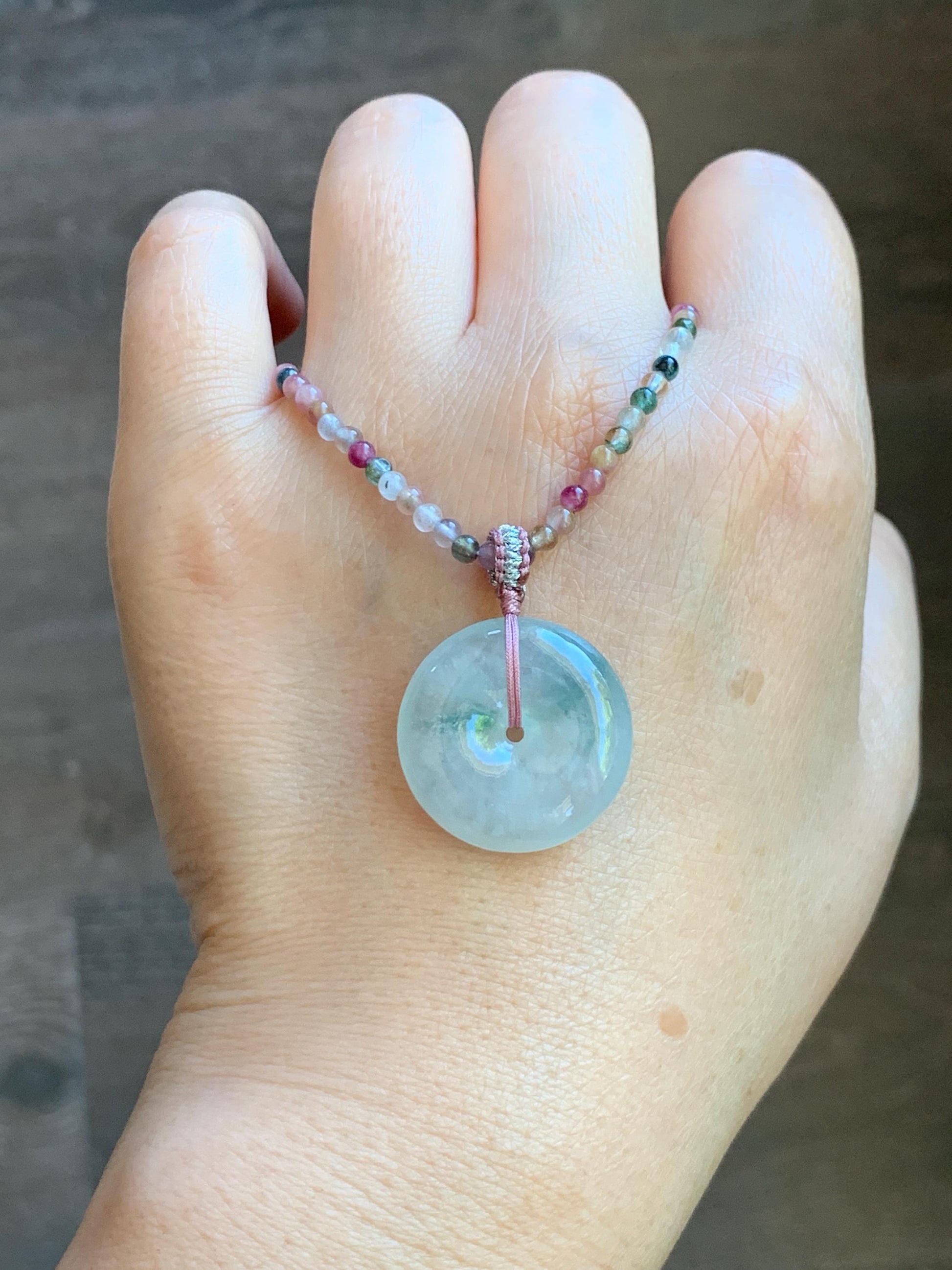 Certified Grade A Natural Icy White Jade Jadeite Ping An Kou Donut Pendant Natural Tourmaline Beaded Necklace 16”-17” 天然正白冰飘花翡翠平安扣吊坠碧玺项链 254