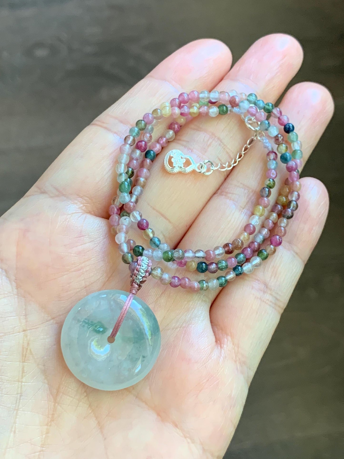 Certified Grade A Natural Icy White Jade Jadeite Ping An Kou Donut Pendant Natural Tourmaline Beaded Necklace 16”-17” 天然正白冰飘花翡翠平安扣吊坠碧玺项链 254
