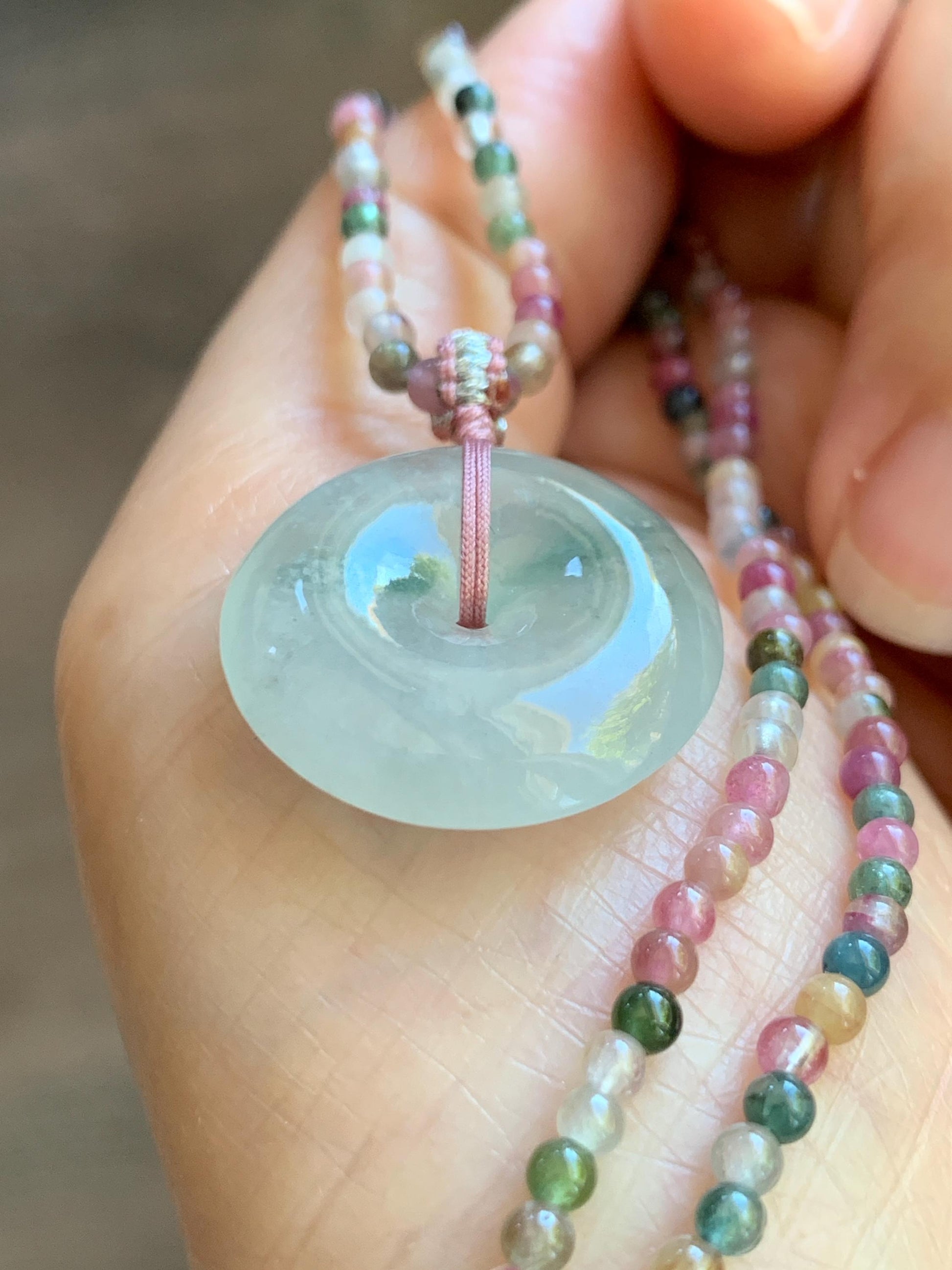 Certified Grade A Natural Icy White Jade Jadeite Ping An Kou Donut Pendant Natural Tourmaline Beaded Necklace 16”-17” 天然正白冰飘花翡翠平安扣吊坠碧玺项链 254