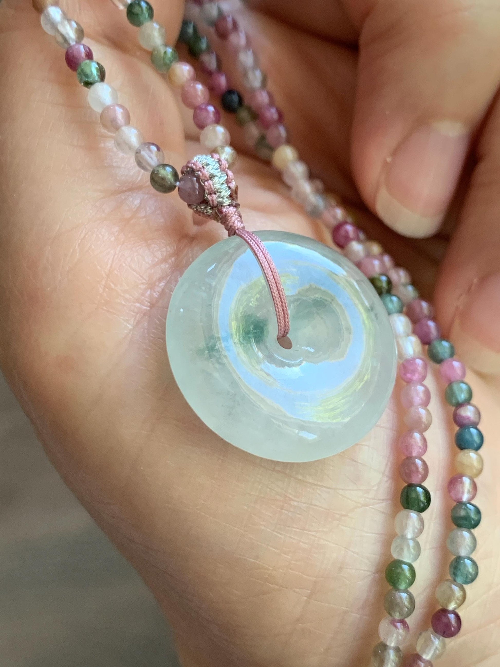 Certified Grade A Natural Icy White Jade Jadeite Ping An Kou Donut Pendant Natural Tourmaline Beaded Necklace 16”-17” 天然正白冰飘花翡翠平安扣吊坠碧玺项链 254