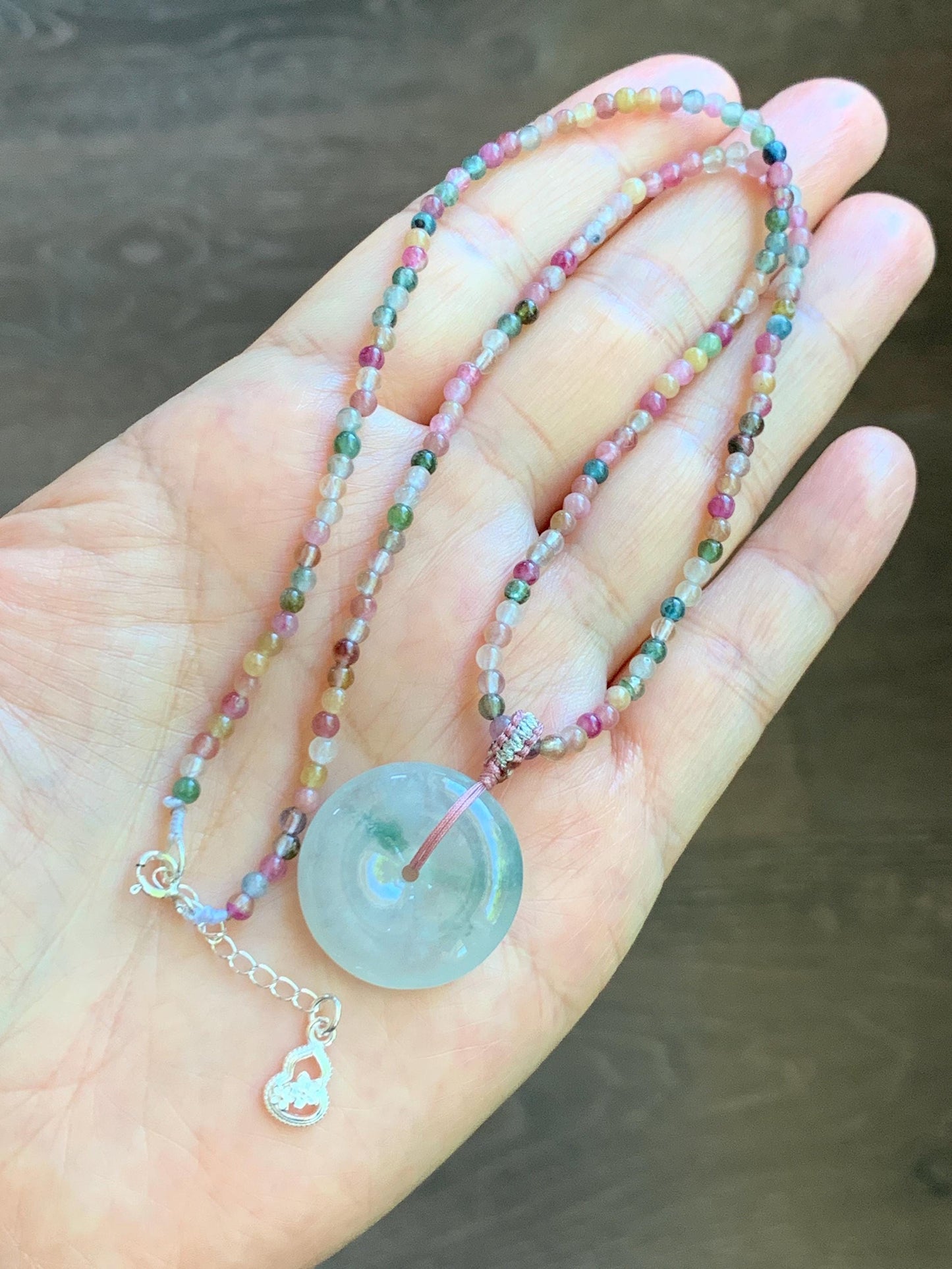 Certified Grade A Natural Icy White Jade Jadeite Ping An Kou Donut Pendant Natural Tourmaline Beaded Necklace 16”-17” 天然正白冰飘花翡翠平安扣吊坠碧玺项链 254