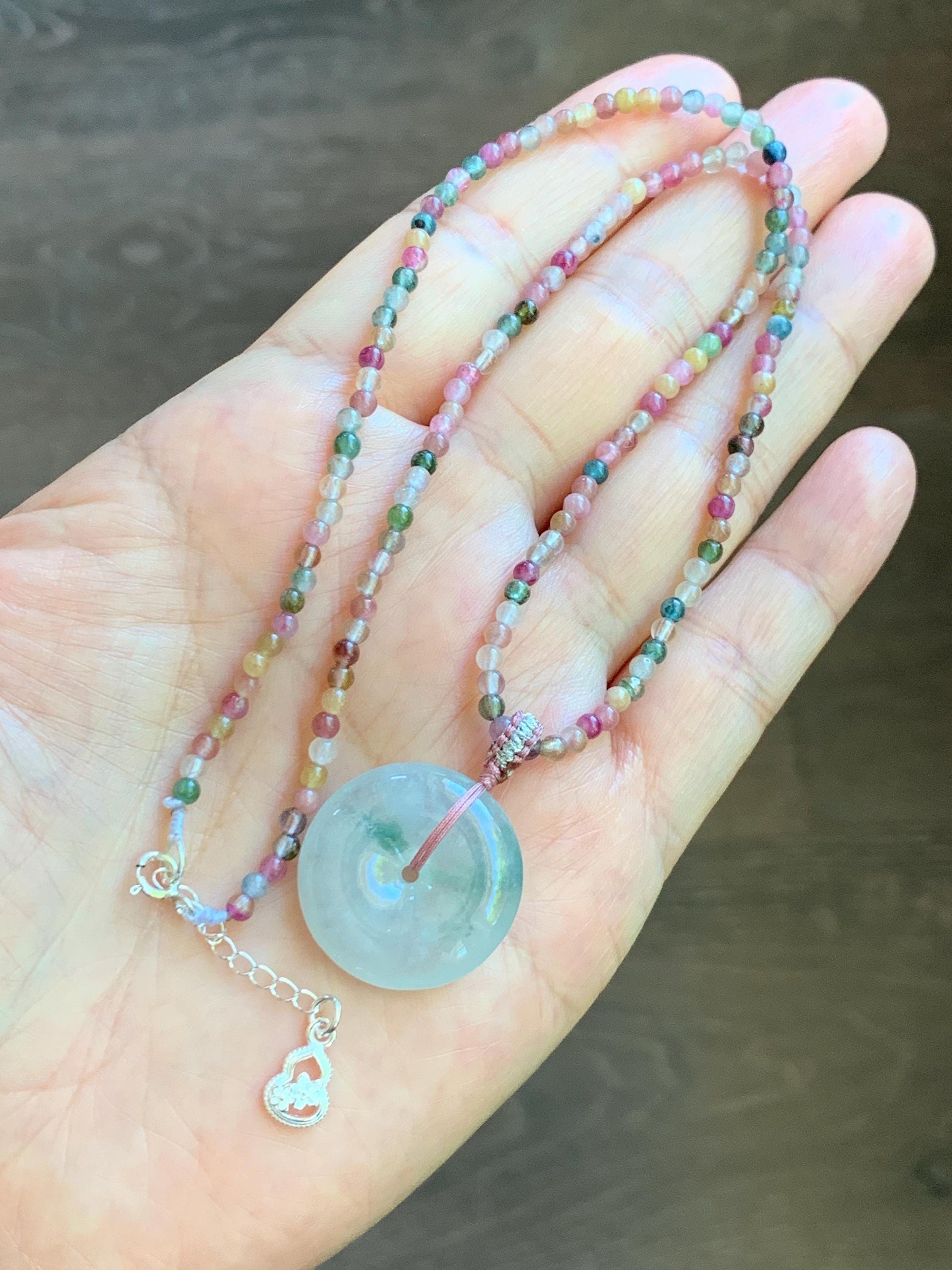 Certified Grade A Natural Icy White Jade Jadeite Ping An Kou Donut Pendant Natural Tourmaline Beaded Necklace 16”-17” 天然正白冰飘花翡翠平安扣吊坠碧玺项链 254