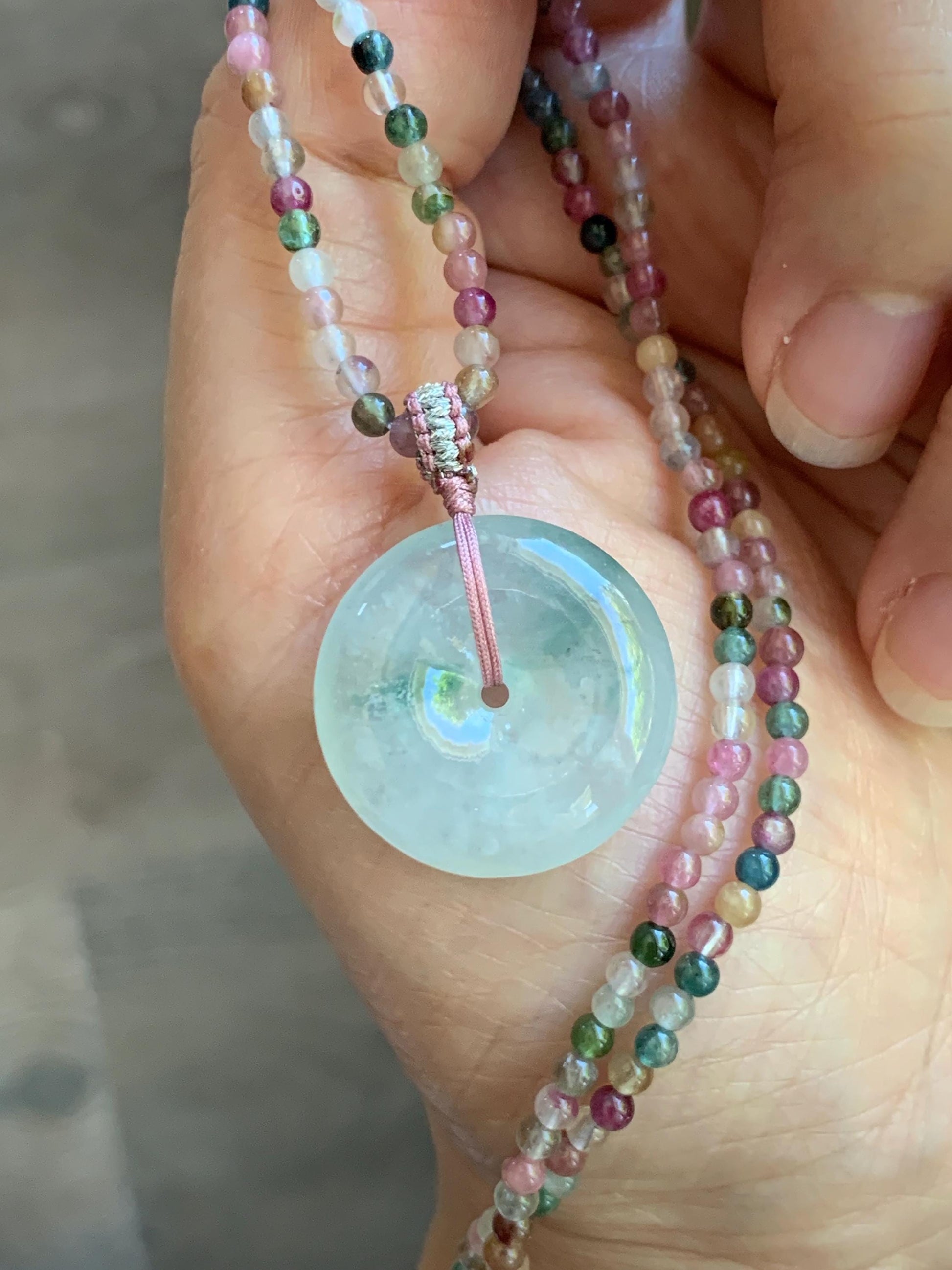 Certified Grade A Natural Icy White Jade Jadeite Ping An Kou Donut Pendant Natural Tourmaline Beaded Necklace 16”-17” 天然正白冰飘花翡翠平安扣吊坠碧玺项链 254